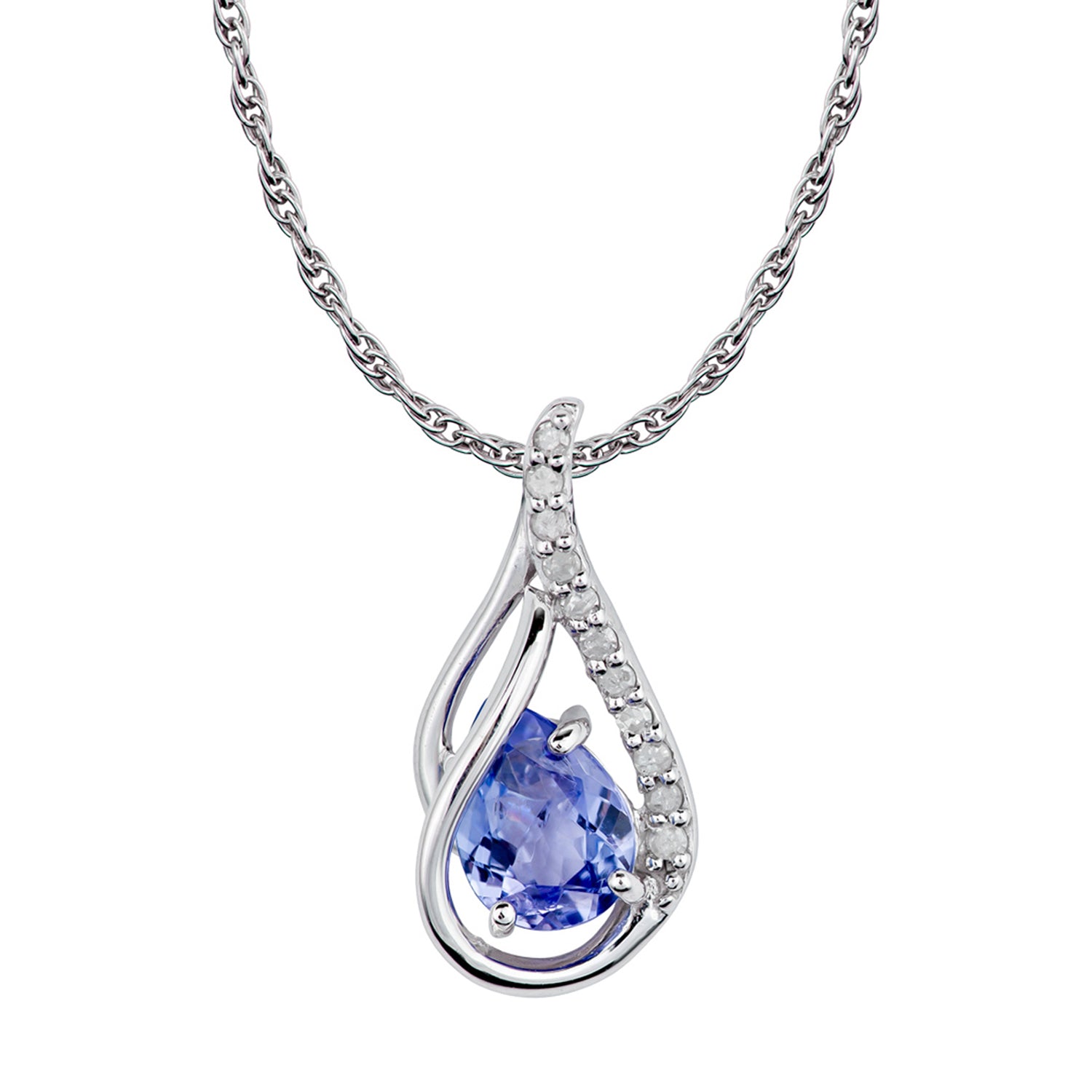 10k White Gold Genuine Pear-shape Tanzanite and Diamond Halo Drop Pendant  Necklace