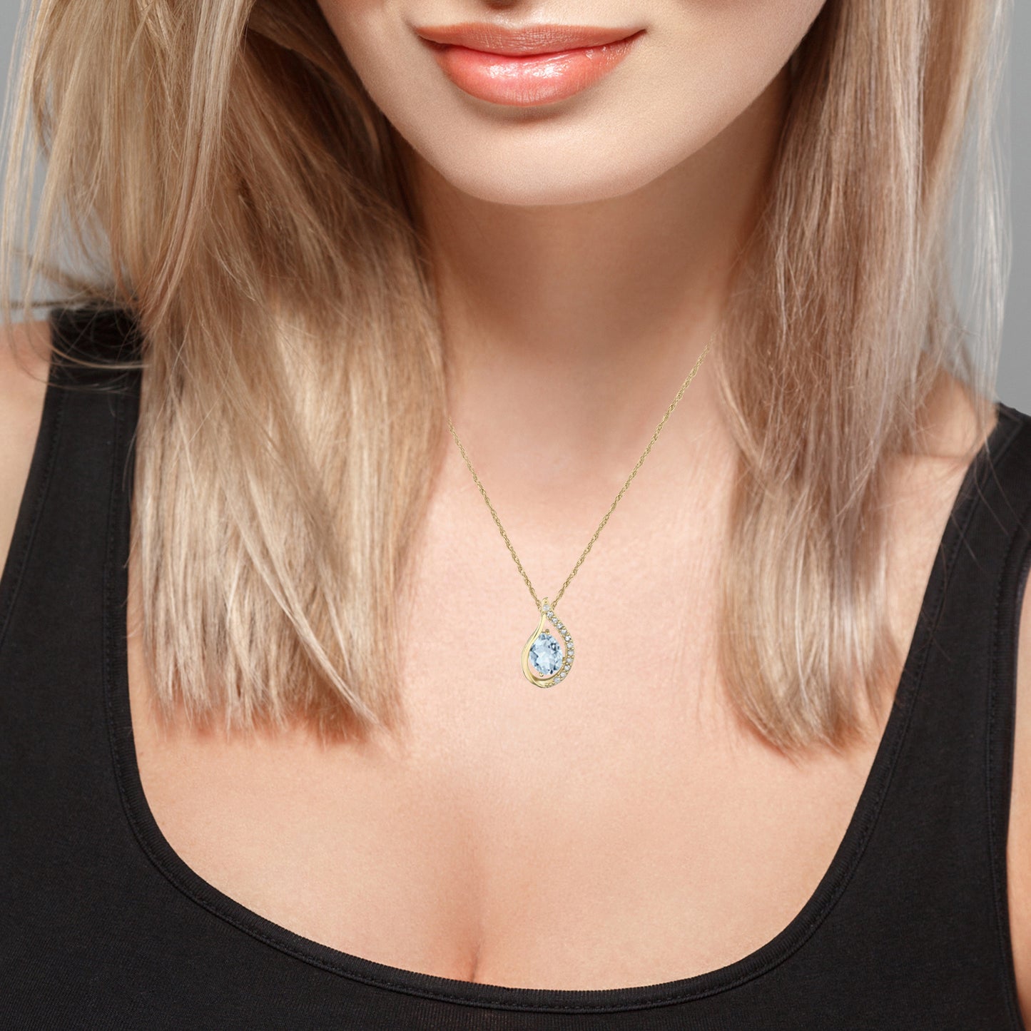 10k Yellow Gold Genuine Oval Aquamarine and Diamond Halo Drop Pendant Necklace