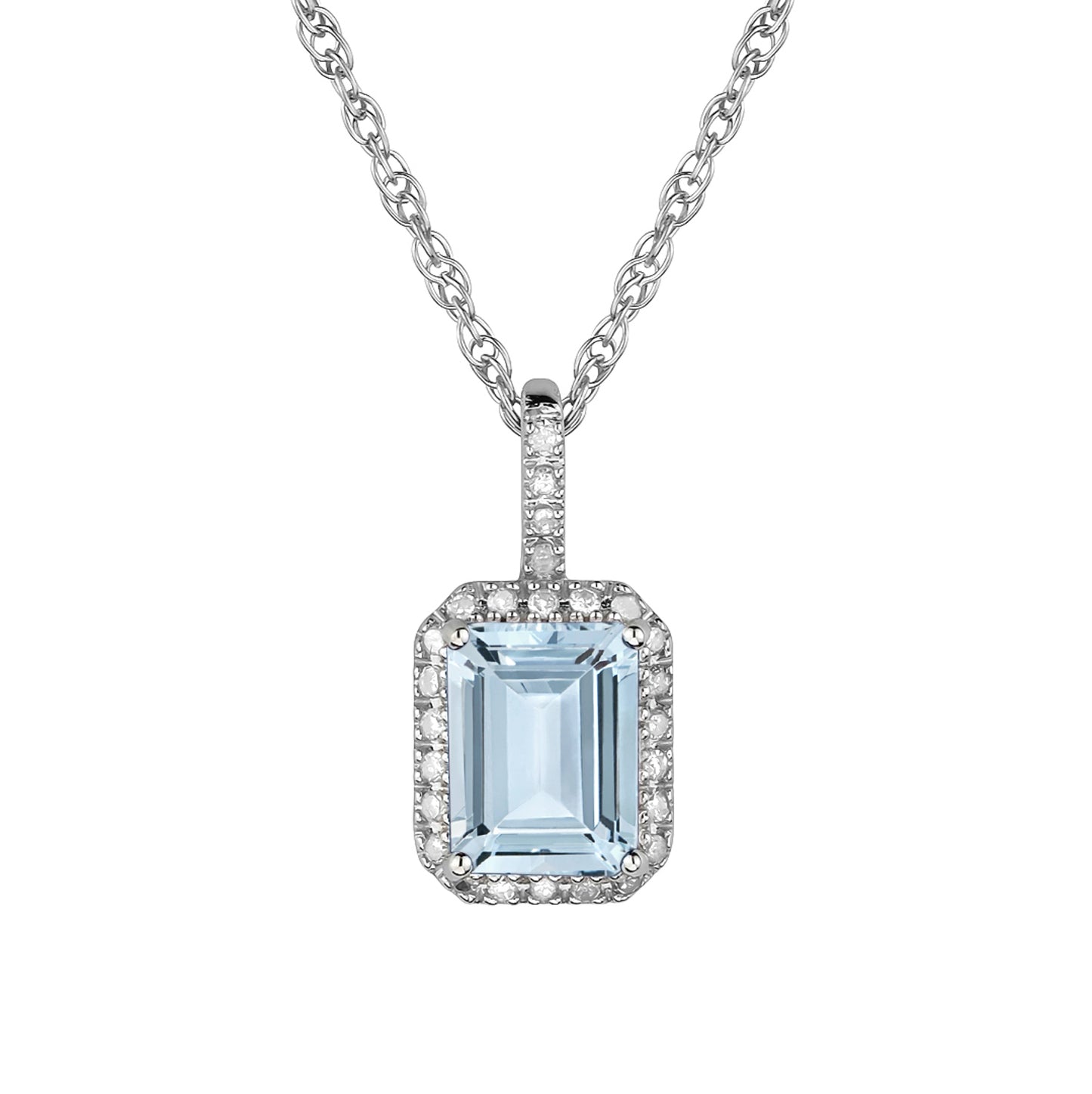 10k White Gold Emerald-Cut Aquamarine and Diamond Halo Pendant Necklace