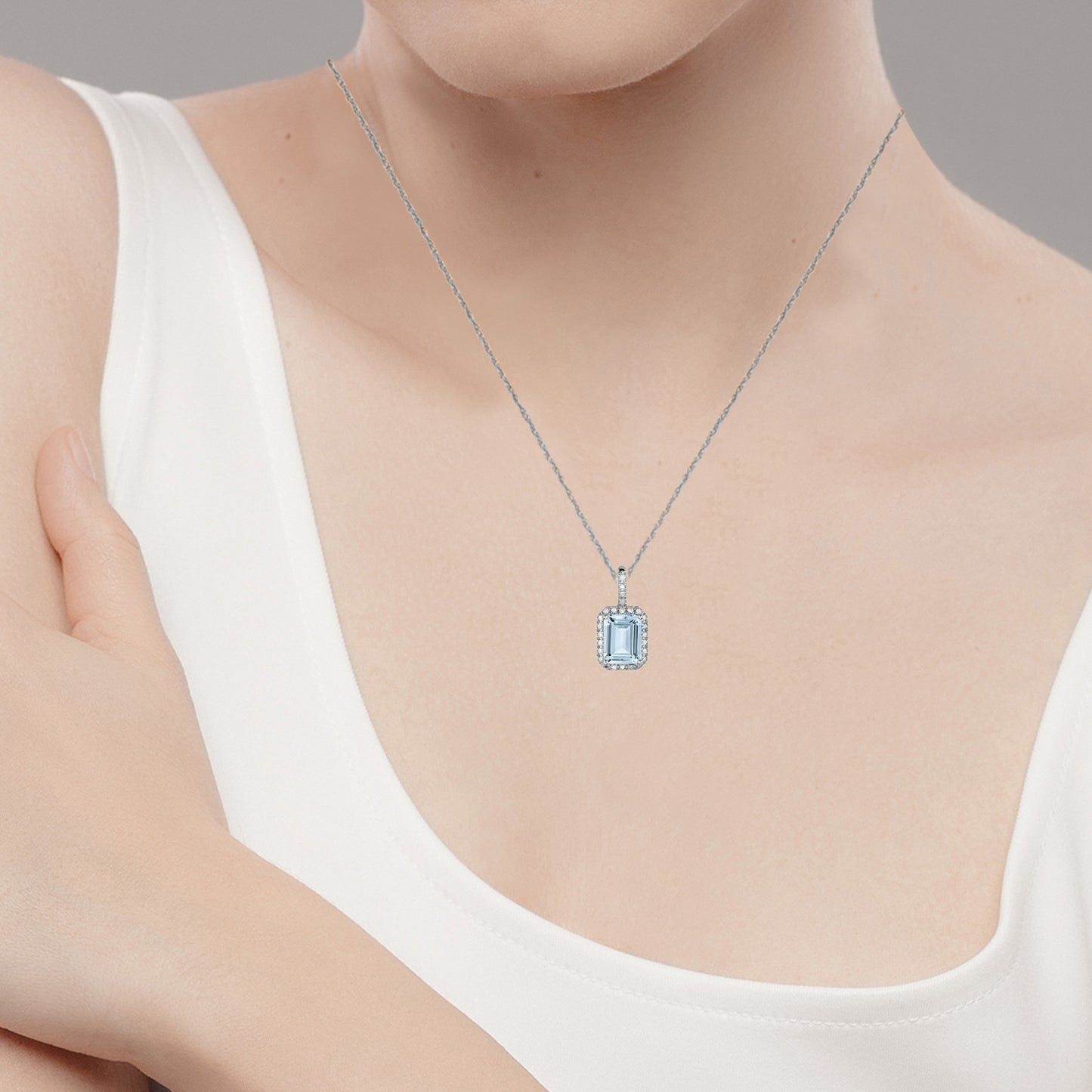 10k White Gold Emerald-Cut Aquamarine and Diamond Halo Pendant Necklace