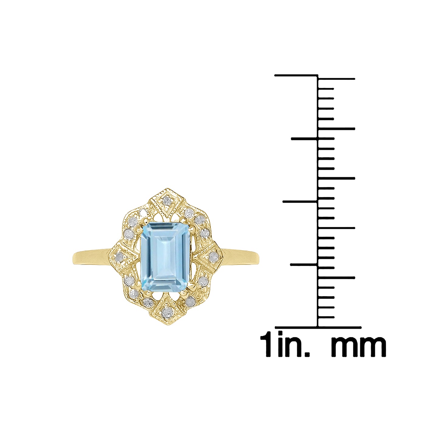 10k Yellow Gold Vintage Style Genuine Emerald-Cut Aquamarine and Diamond Accent Ring