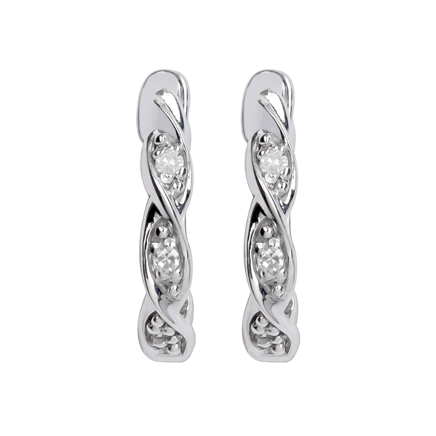 10k White Gold Braided Diamond Petite Huggie Hoop Earrings