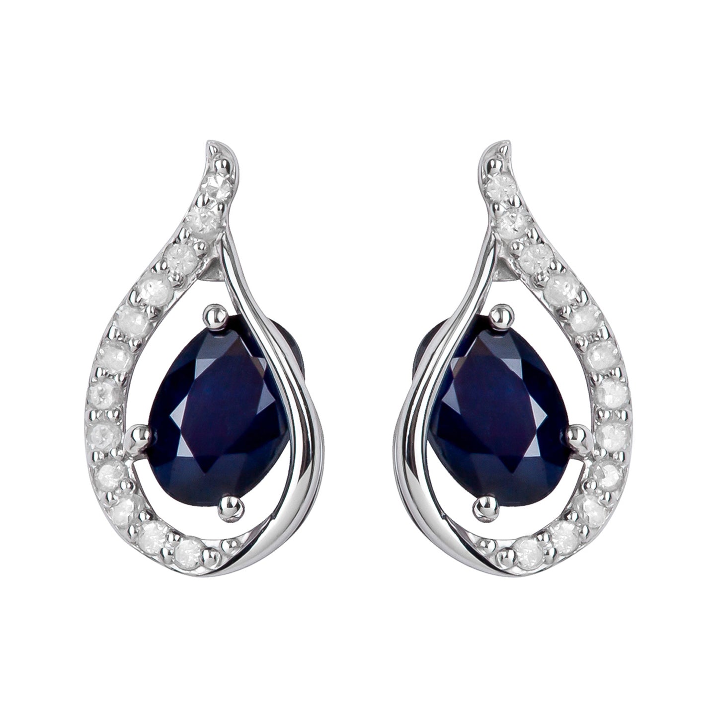 10k White Gold Genuine Oval Sapphire and Diamond Curved Halo Drop Earrings