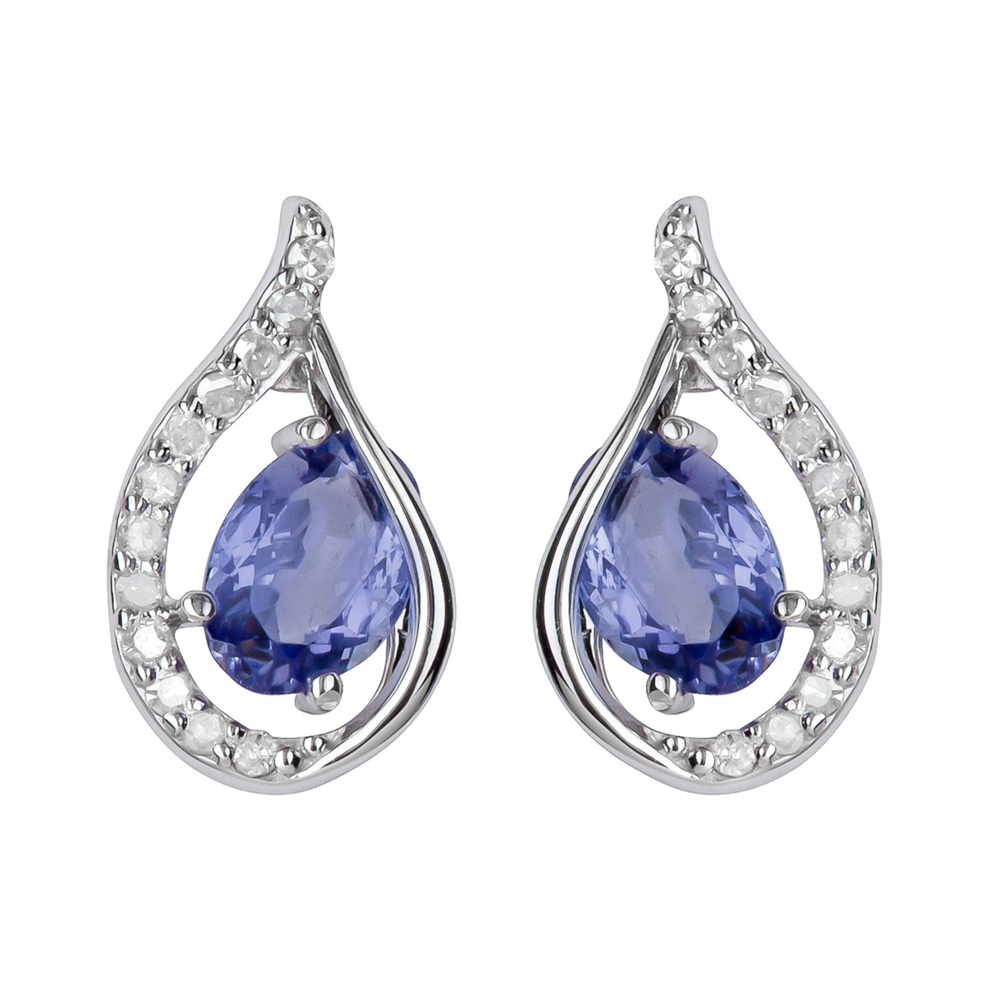 10k White Gold Genuine Oval Tanzanite and Diamond Curved Halo Drop Earrings