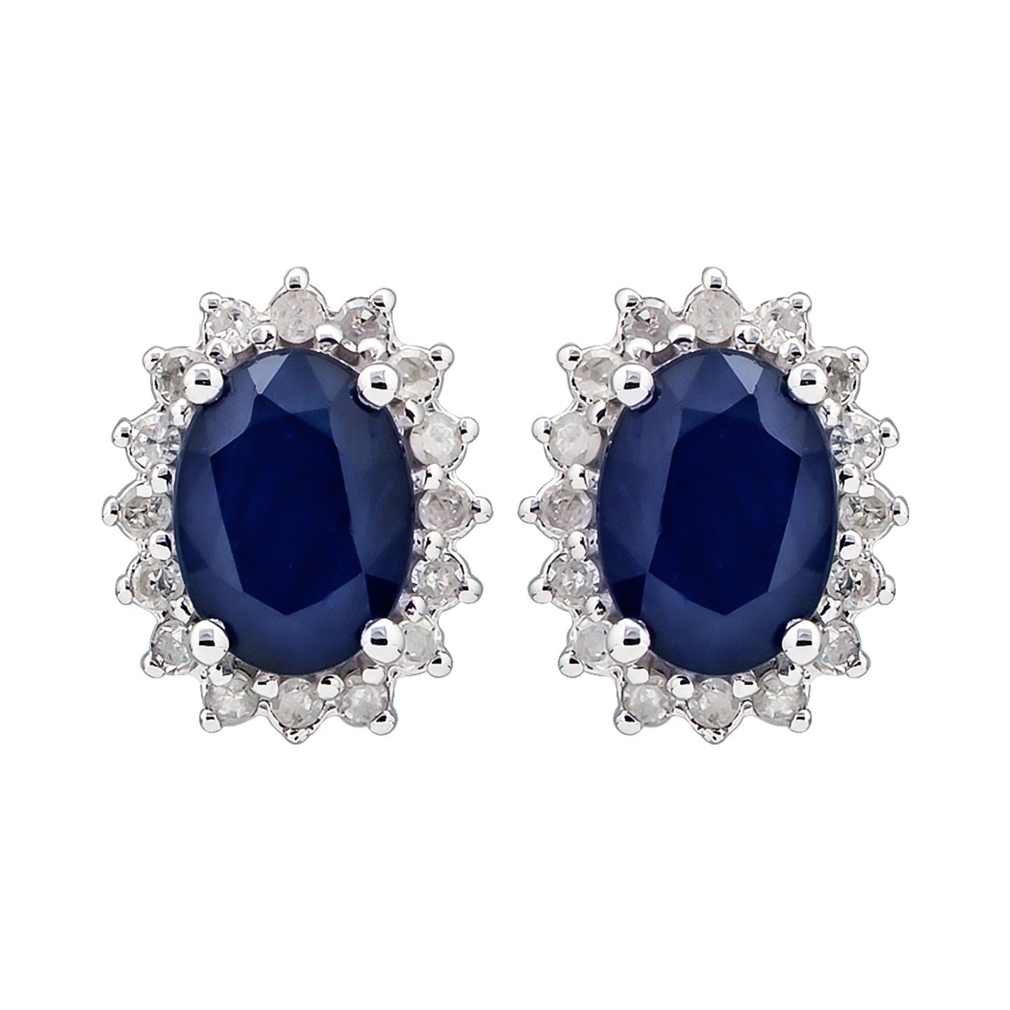 10k White Gold Oval Genuine Sapphire and Diamond Halo Earrings