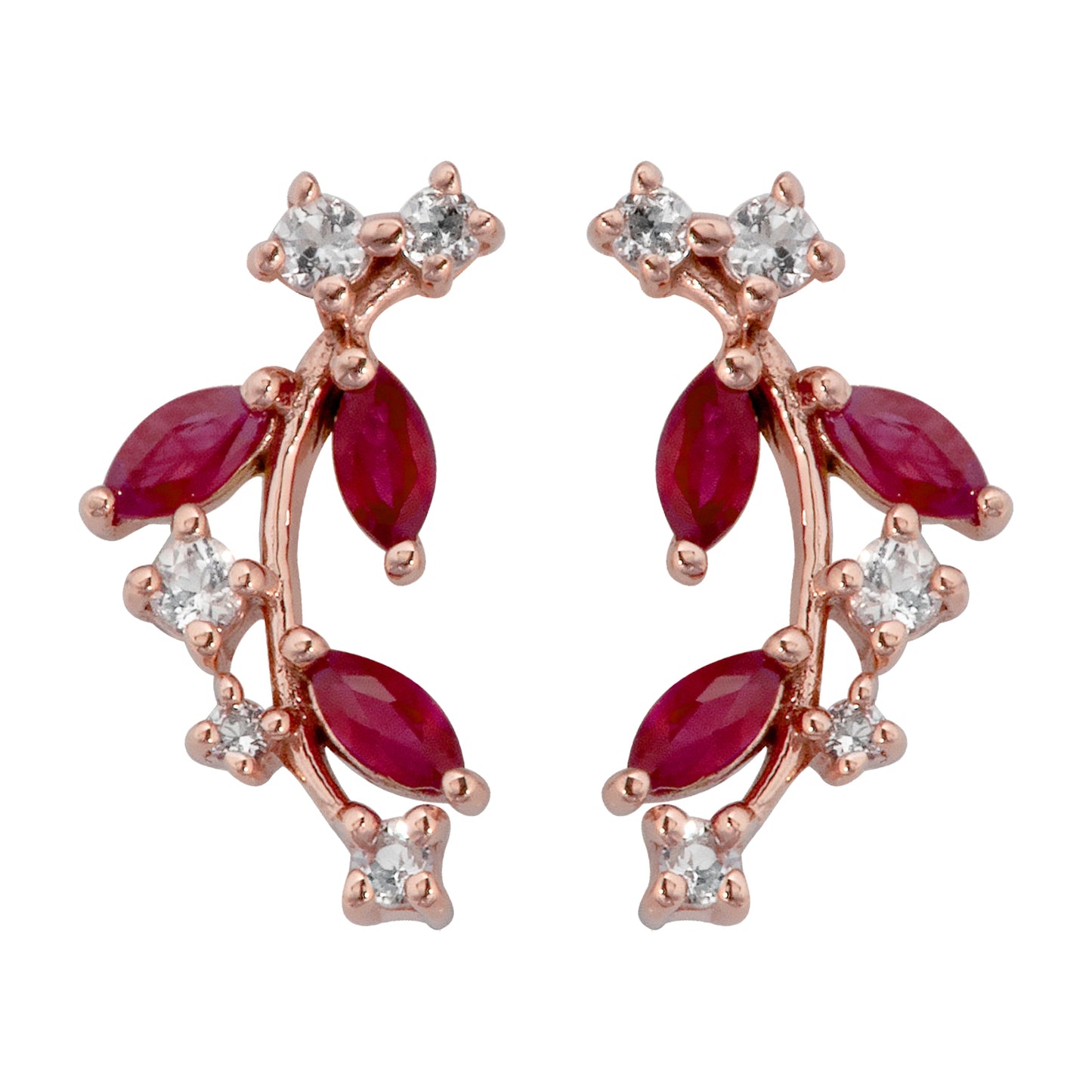 10k Rose Gold Genuine Ruby and White Topaz Crescent Earrings