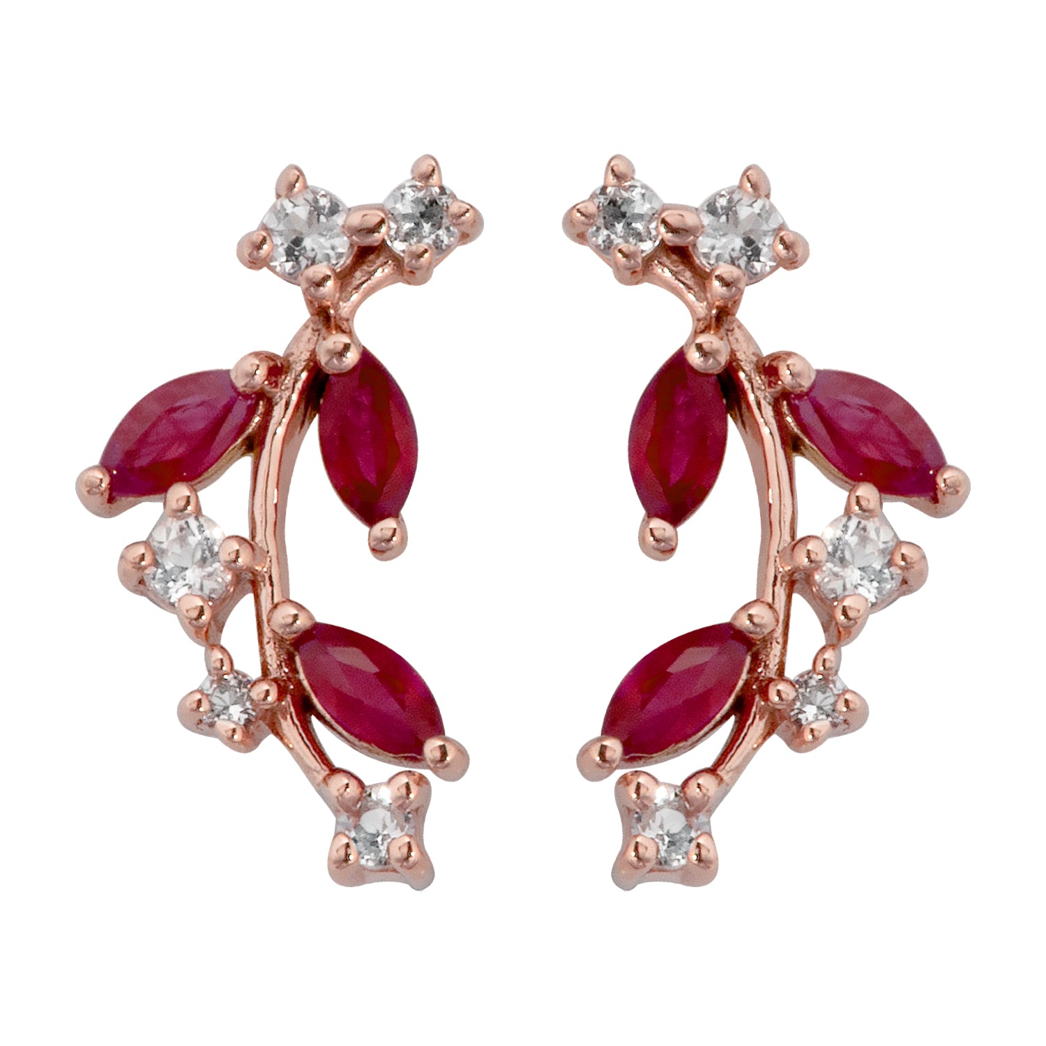 10k Rose Gold Genuine Ruby and White Topaz Crescent Earrings