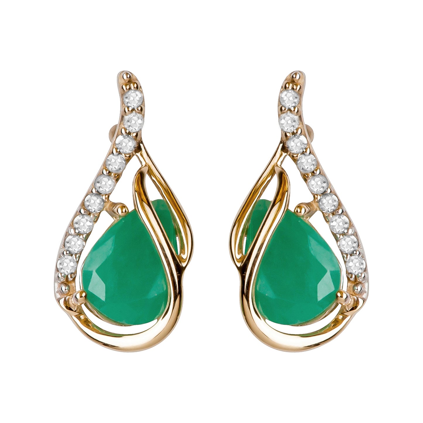 10k Yellow Gold Genuine Pear-Shape Emerald and Diamond Curved Halo Drop Earrings