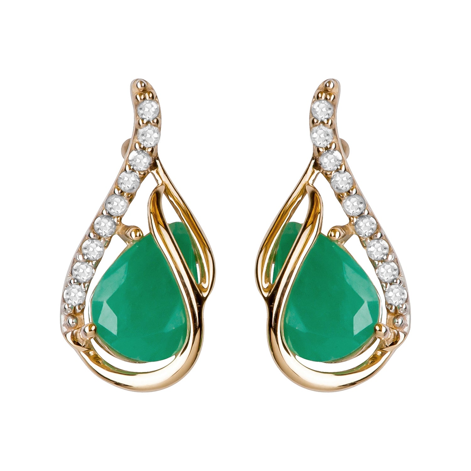 10k Yellow Gold Genuine Pear-Shape Emerald and Diamond Curved Halo Drop Earrings