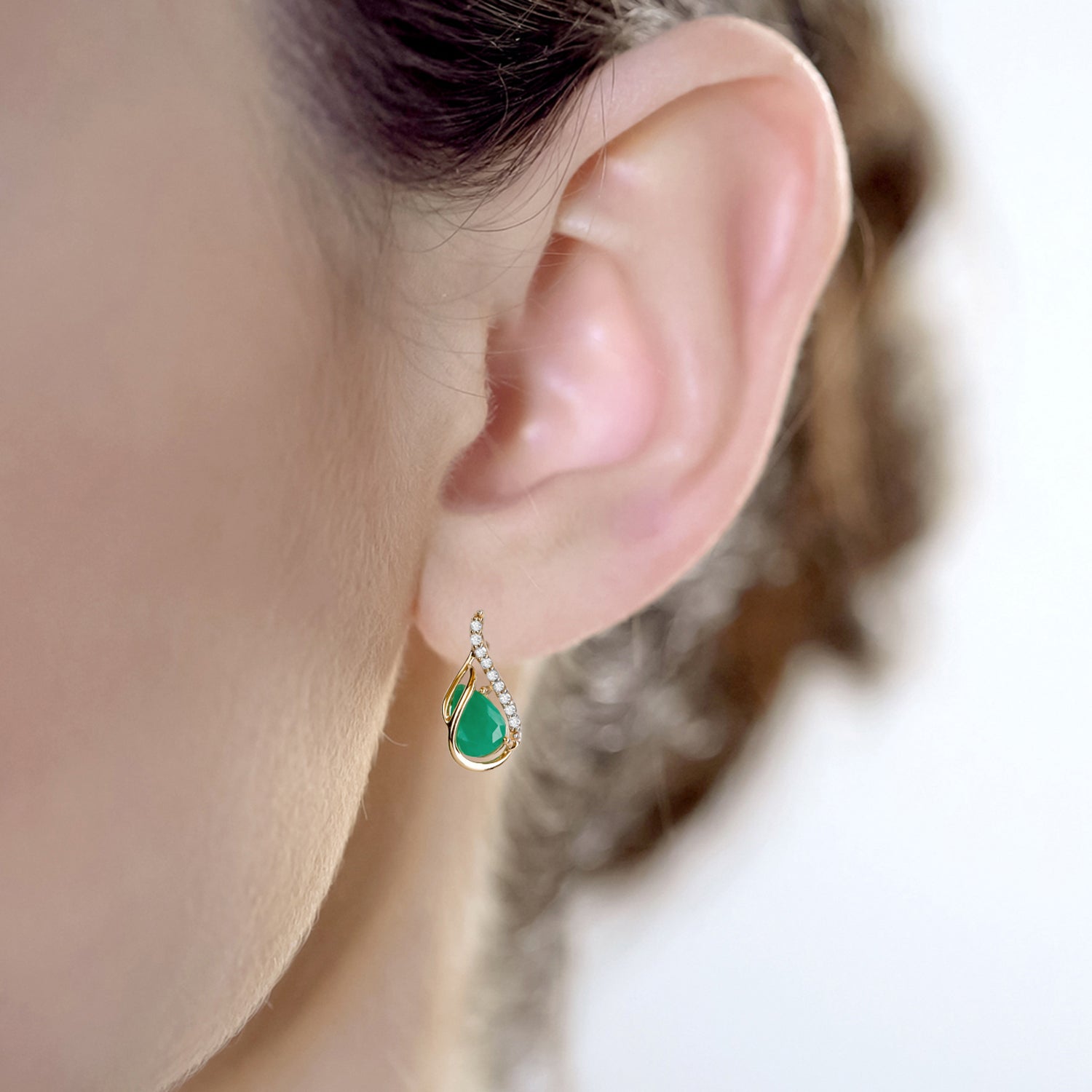 10k Yellow Gold Genuine Pear-Shape Emerald and Diamond Curved Halo Drop Earrings