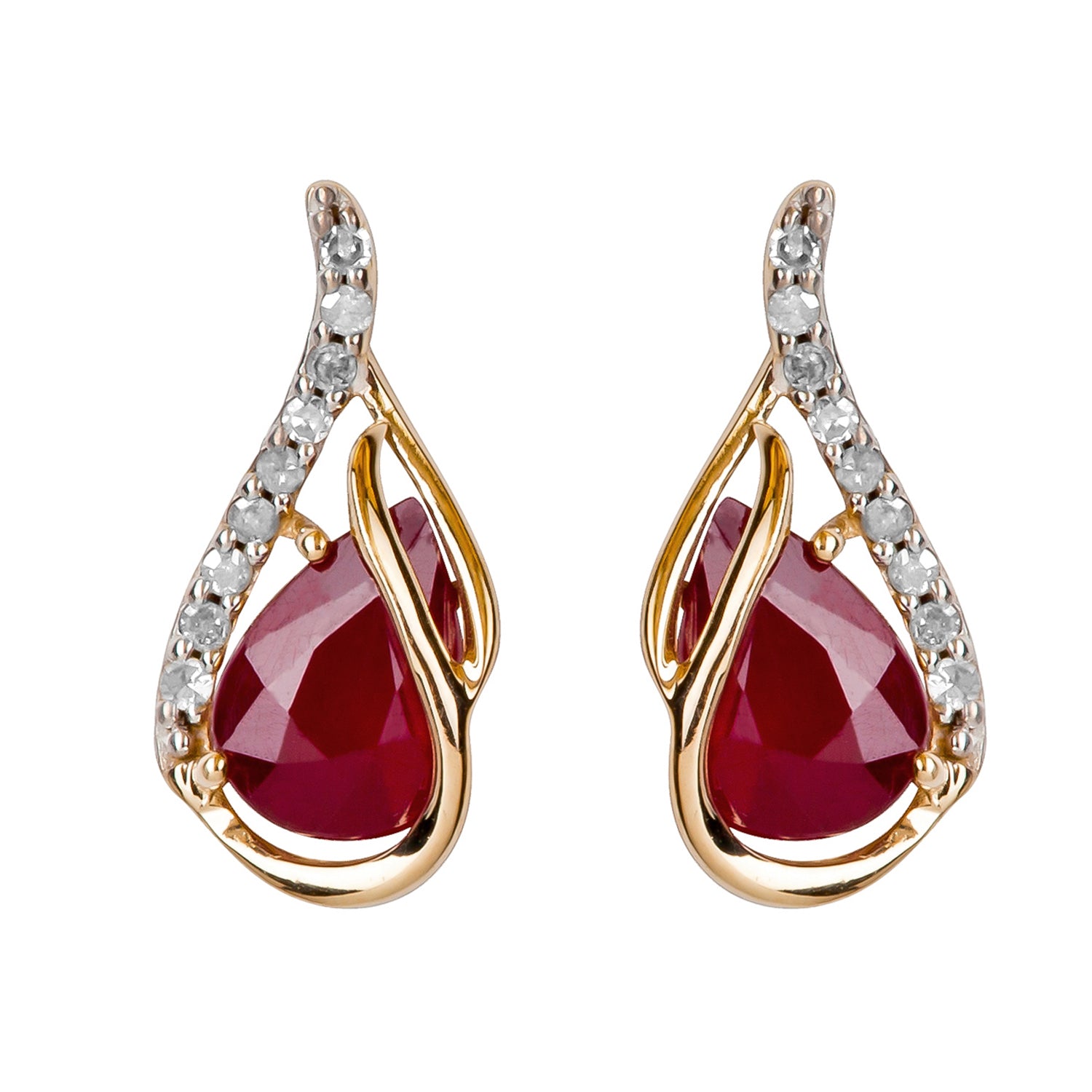 10k Yellow Gold Genuine Pear-Shape Ruby and Diamond Curved Halo Drop Earrings