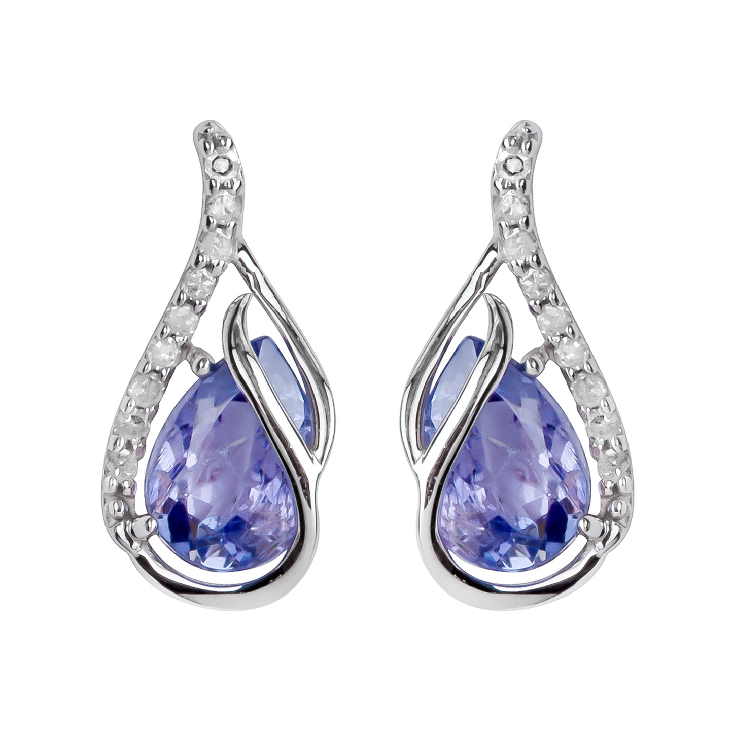 10k White Gold Genuine Pear-Shape Tanzanite and Diamond Curved Halo Drop Earrings