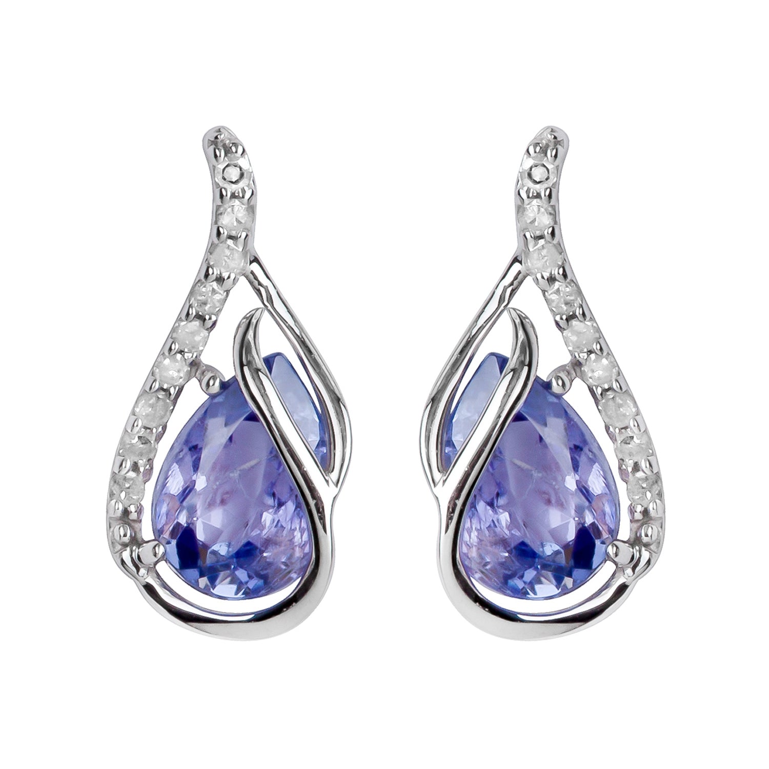 10k White Gold Genuine Pear-Shape Tanzanite and Diamond Curved Halo Drop Earrings