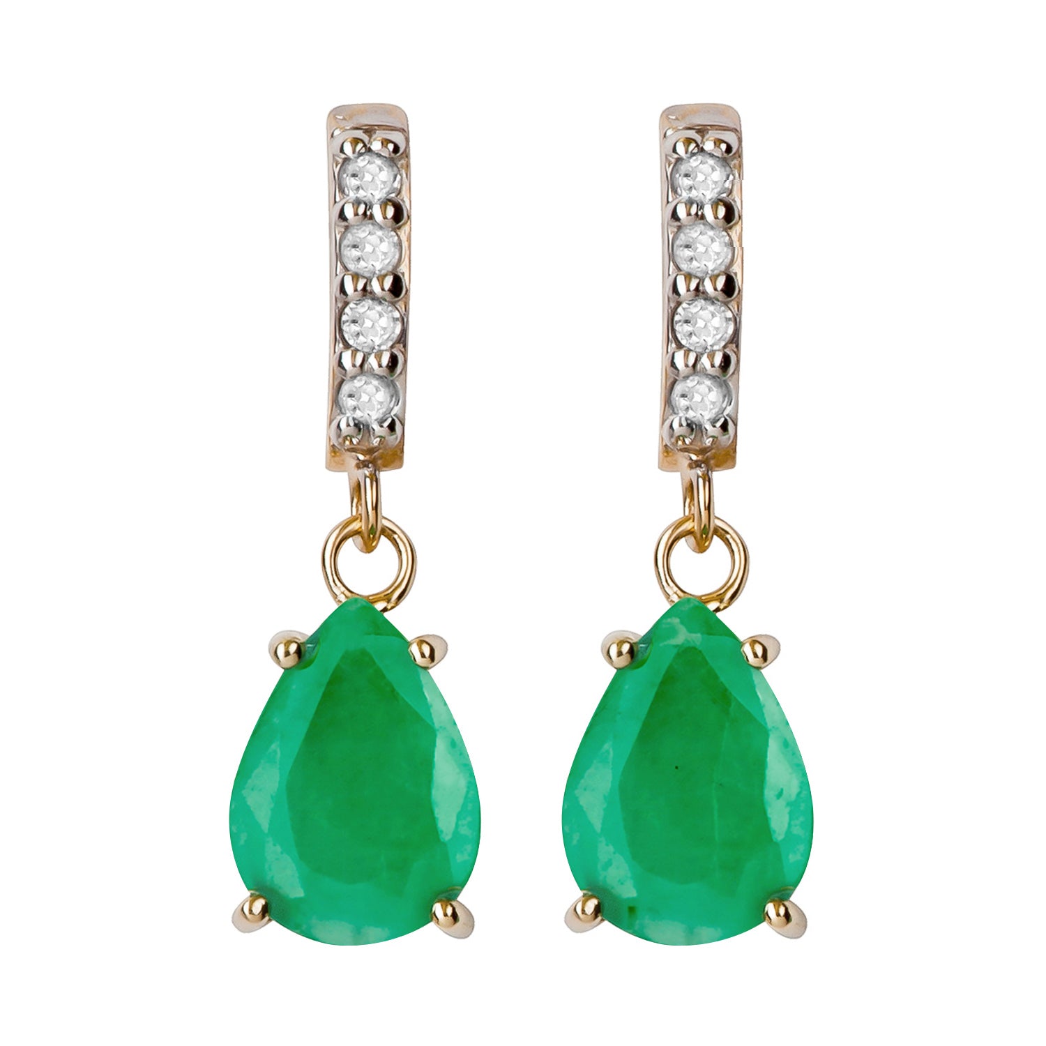 10k Yellow Gold Genuine Pear-Shape Emerald and Diamond Drop Dangle Earrings