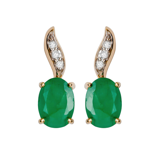 10k Yellow Gold Genuine Oval Emerald and Diamond Drop Earrings