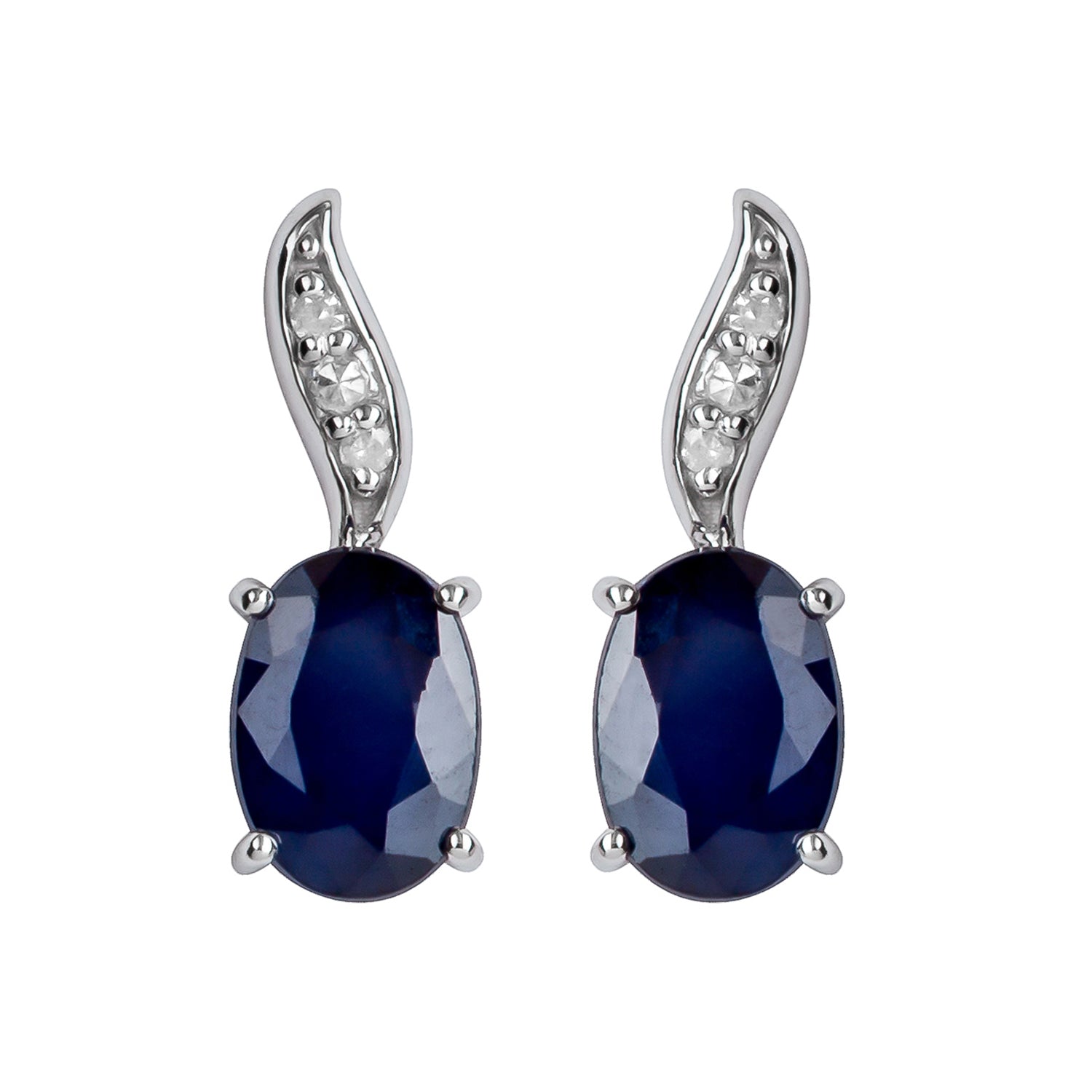 10k White Gold Genuine Oval Sapphire and Diamond Drop Earrings