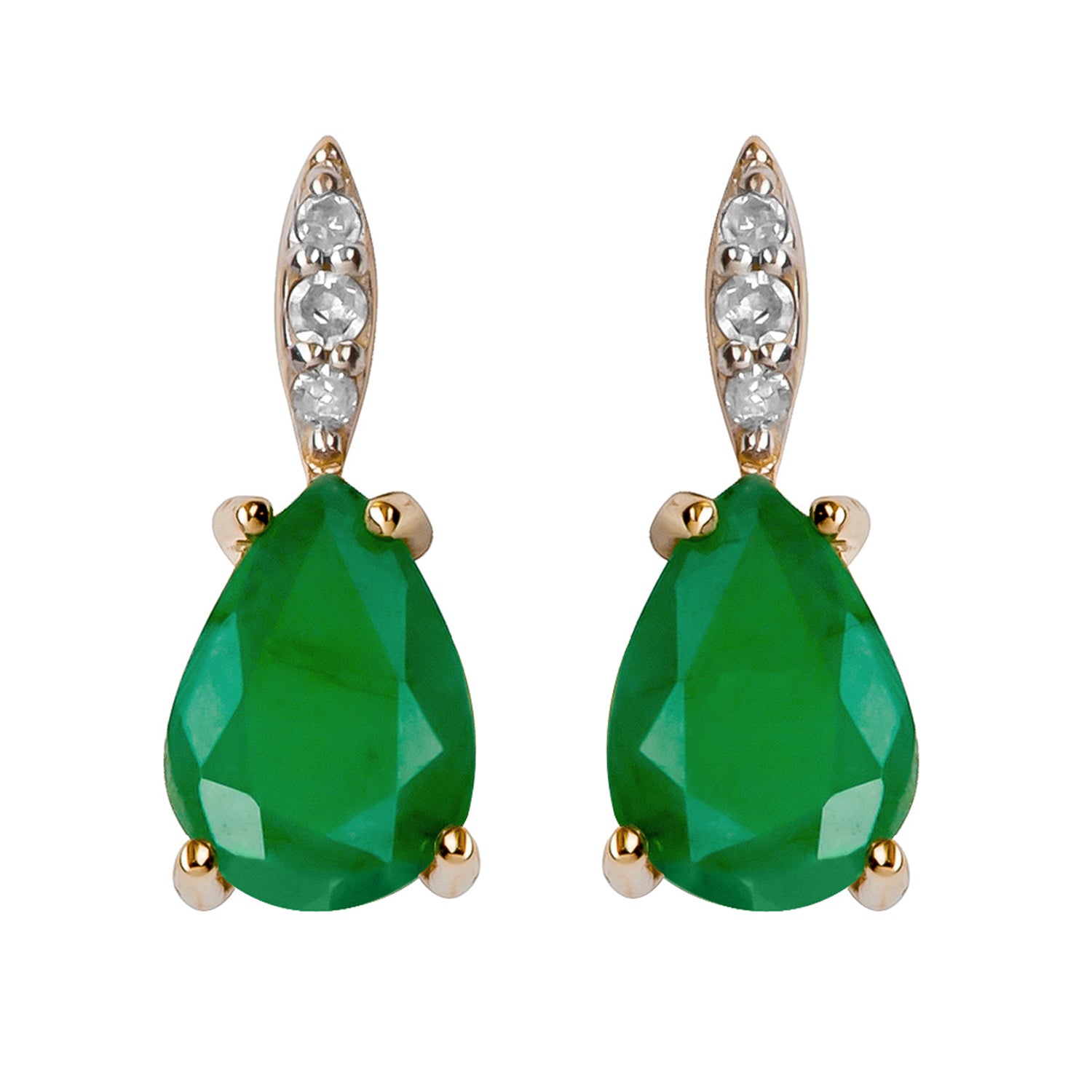 10k Yellow Gold Genuine Pear-Shape Emerald and Diamond Drop Earrings