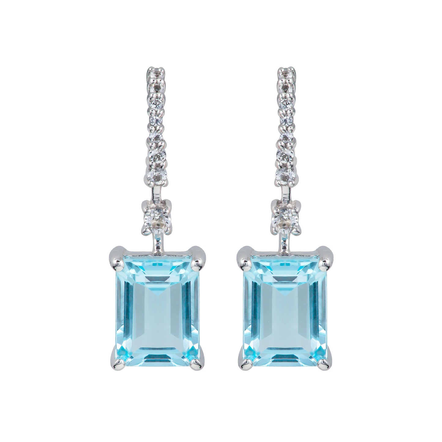 10k White Gold Emerald-Cut Blue Topaz and White Topaz Dangle Earrings