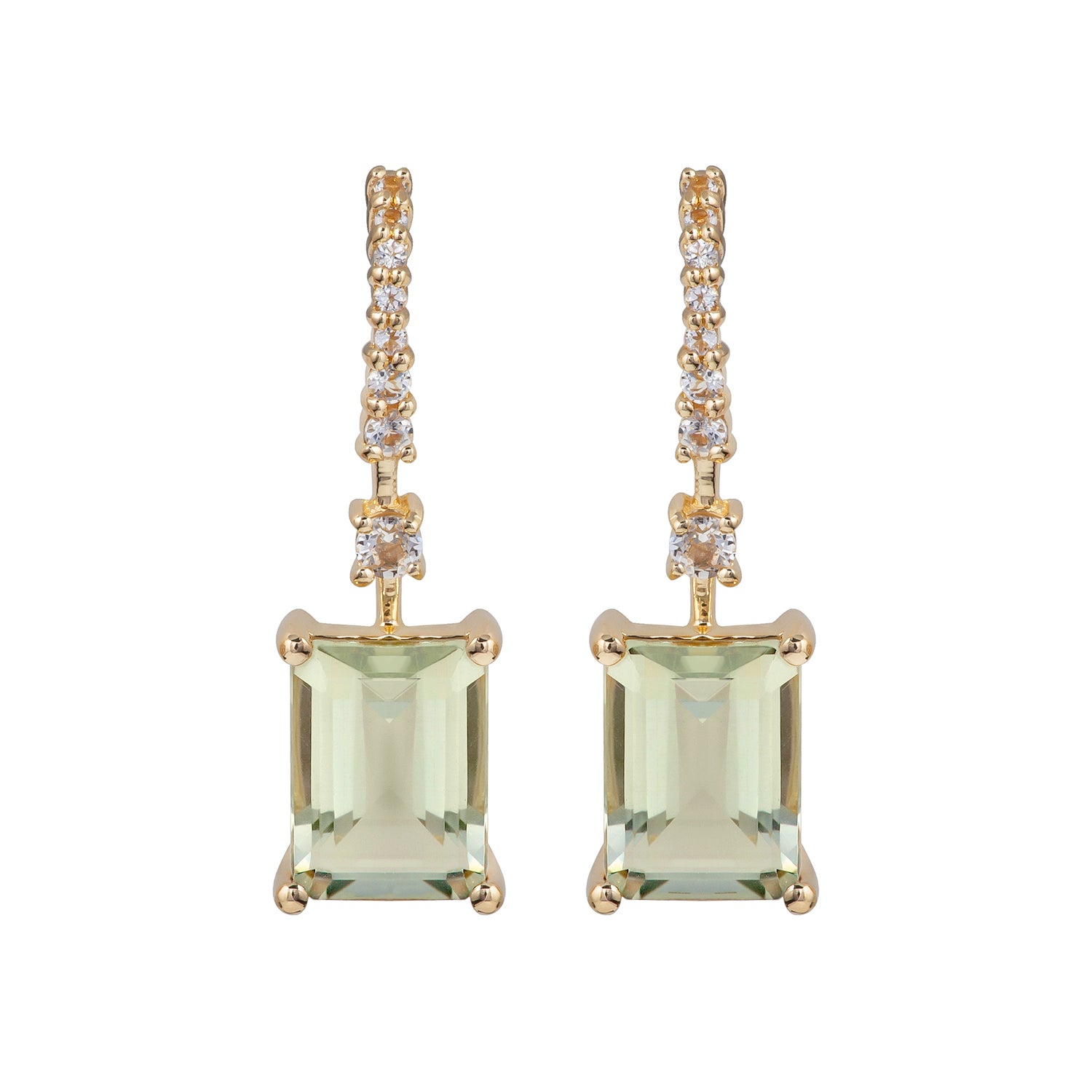 10k Yellow Gold Emerald-Cut Green Amethyst and White Topaz Dangle Earrings