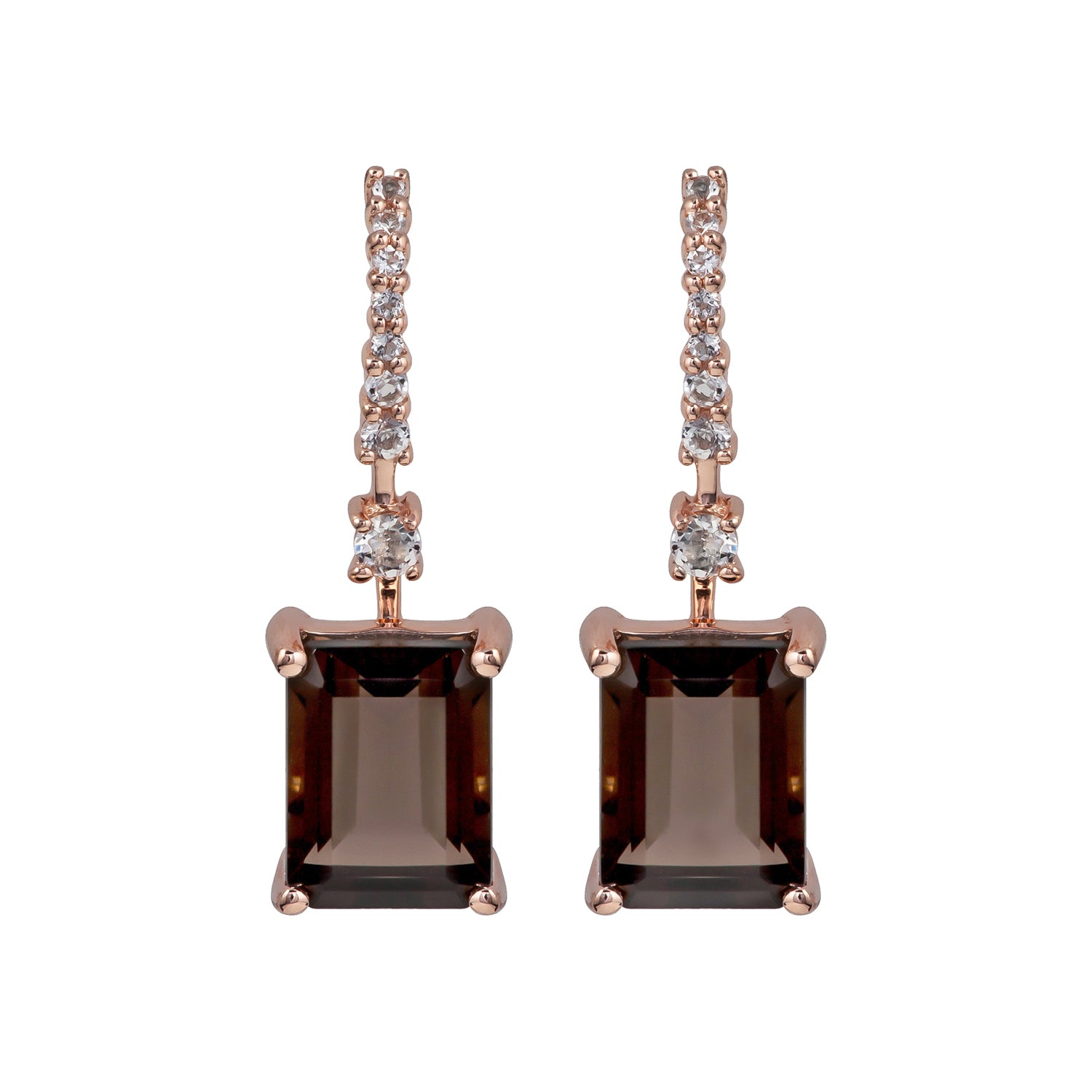 10k Rose Gold Emerald-Cut Smoky Quartz and White Topaz Dangle Earrings