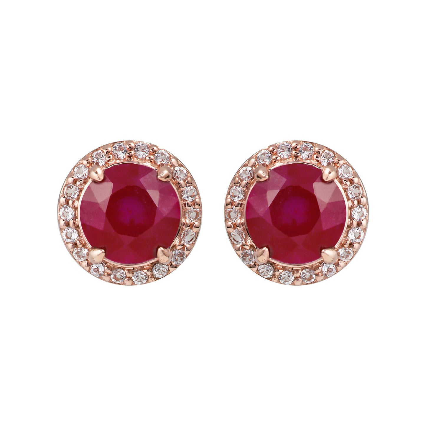 10k Rose Gold Genuine Round Ruby and White Topaz Halo Earrings