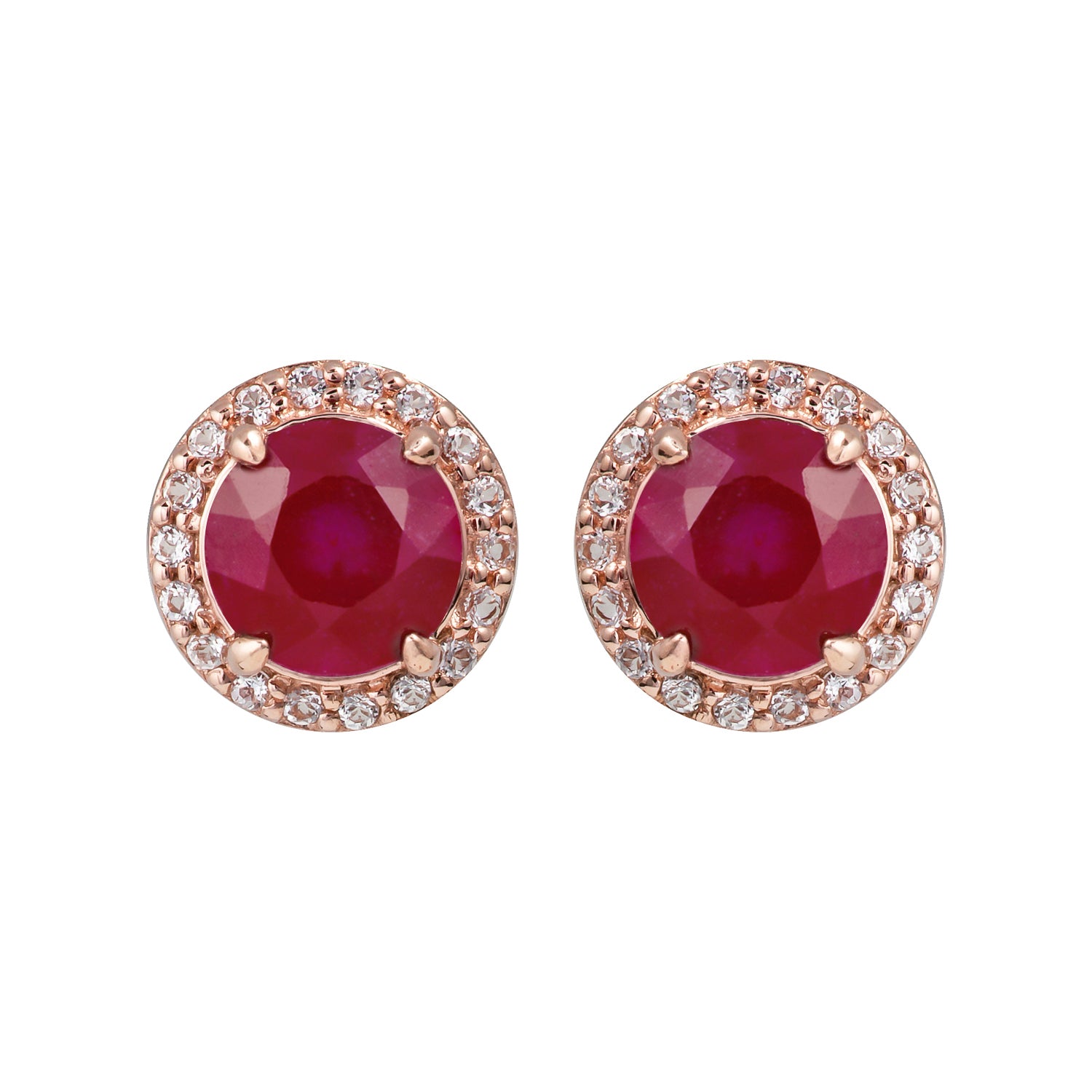 10k Rose Gold Genuine Round Ruby and White Topaz Halo Earrings