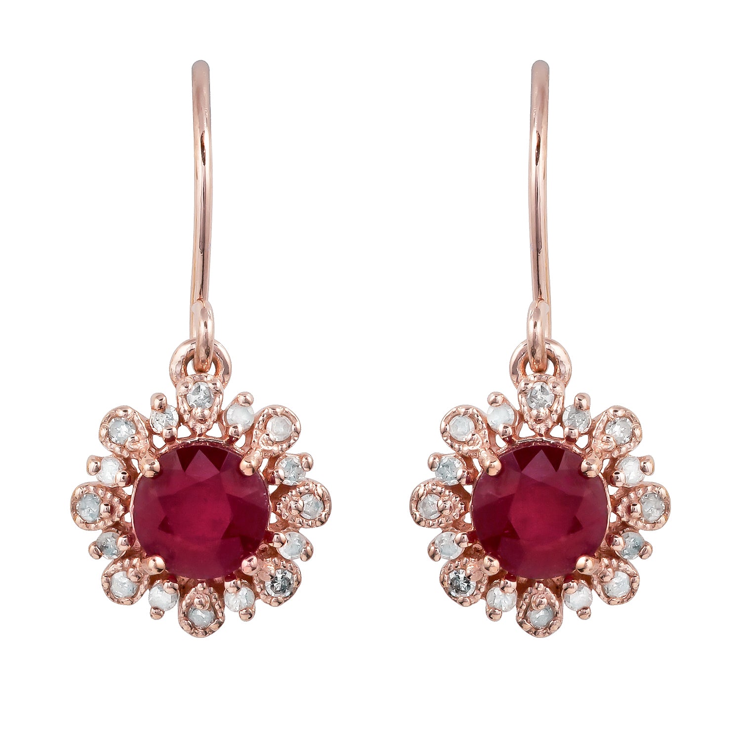 10k Rose Gold Genuine Round Ruby and Diamond Vintage Style Halo Earrings