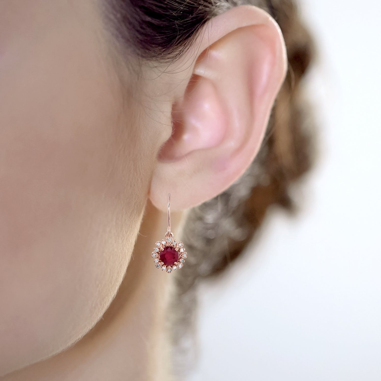 10k Rose Gold Genuine Round Ruby and Diamond Vintage Style Halo Earrings