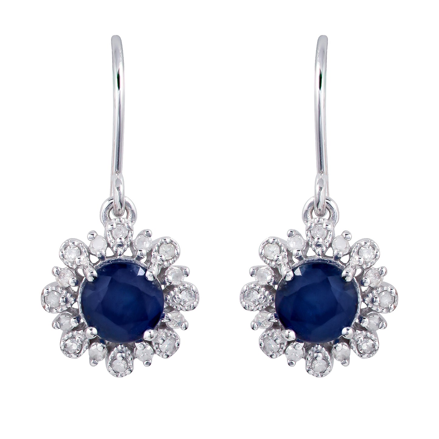 10k White Gold Genuine Round Sapphire and Diamond Vintage Style Halo Earrings