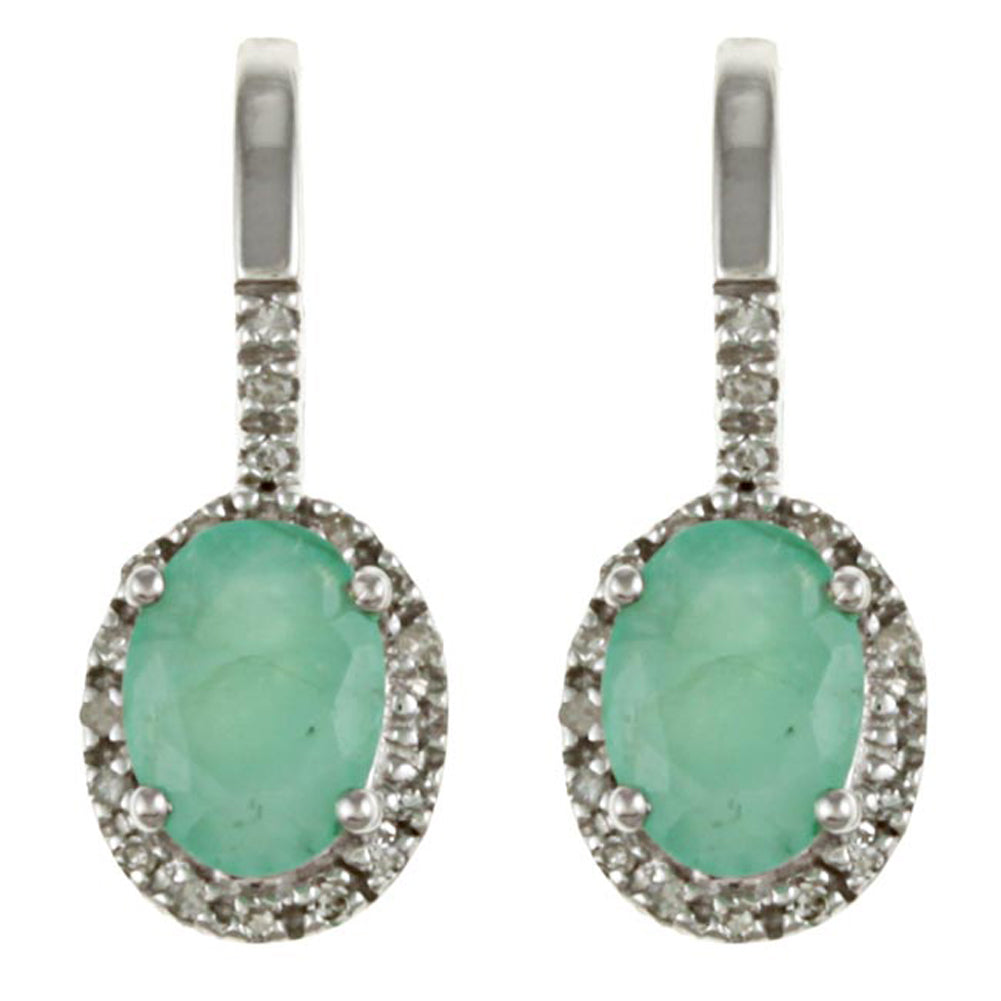 10k White Gold Oval Emerald and Diamond Halo Earrings