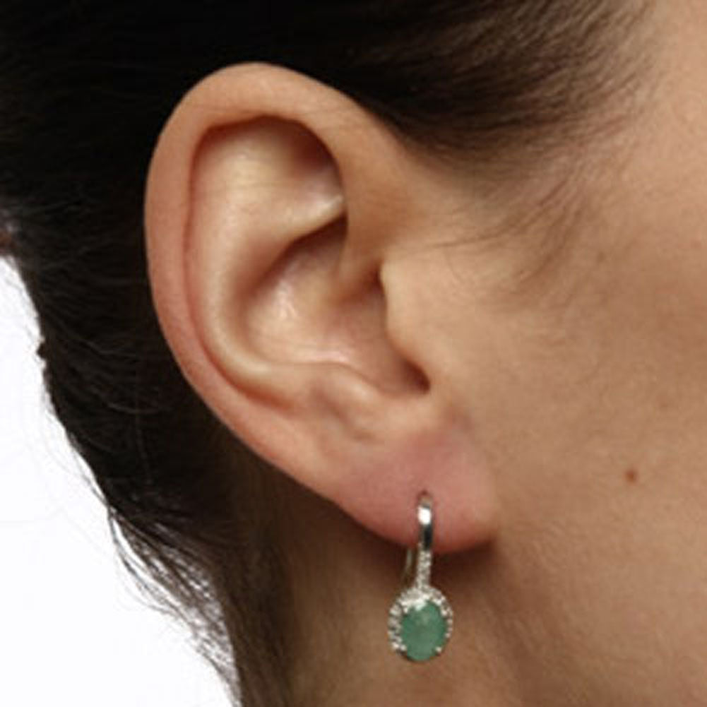 10k White Gold Oval Emerald and Diamond Halo Earrings