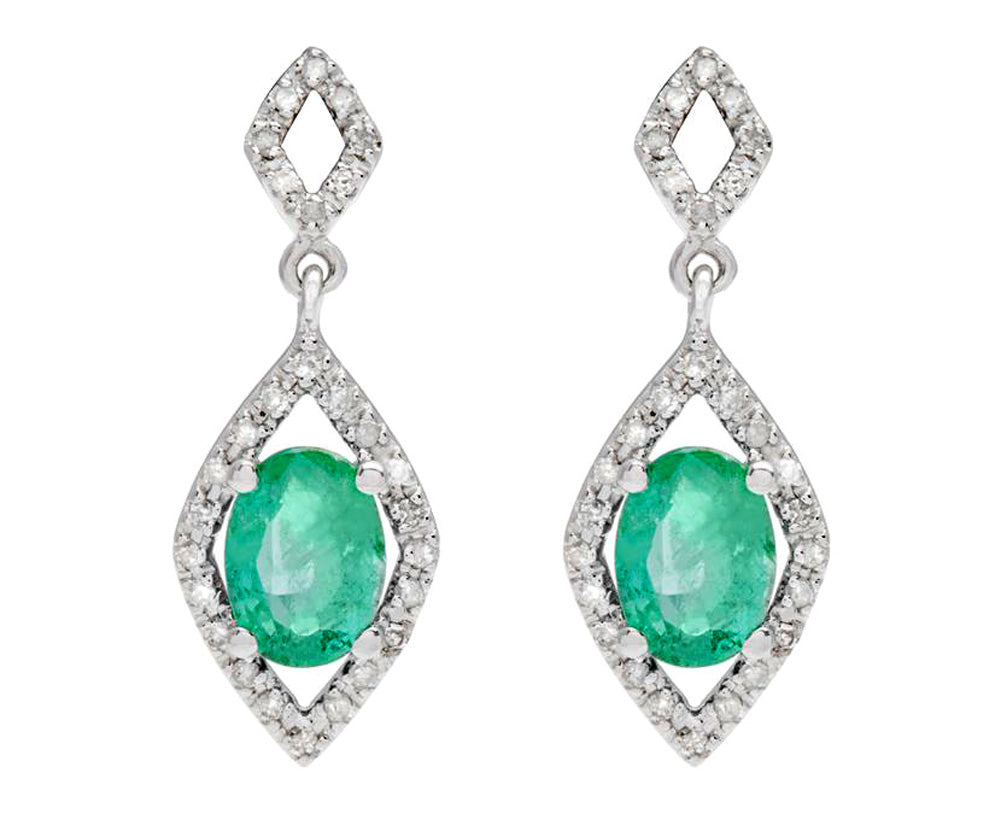 10k White Gold Oval Emerald and Diamond Earrings