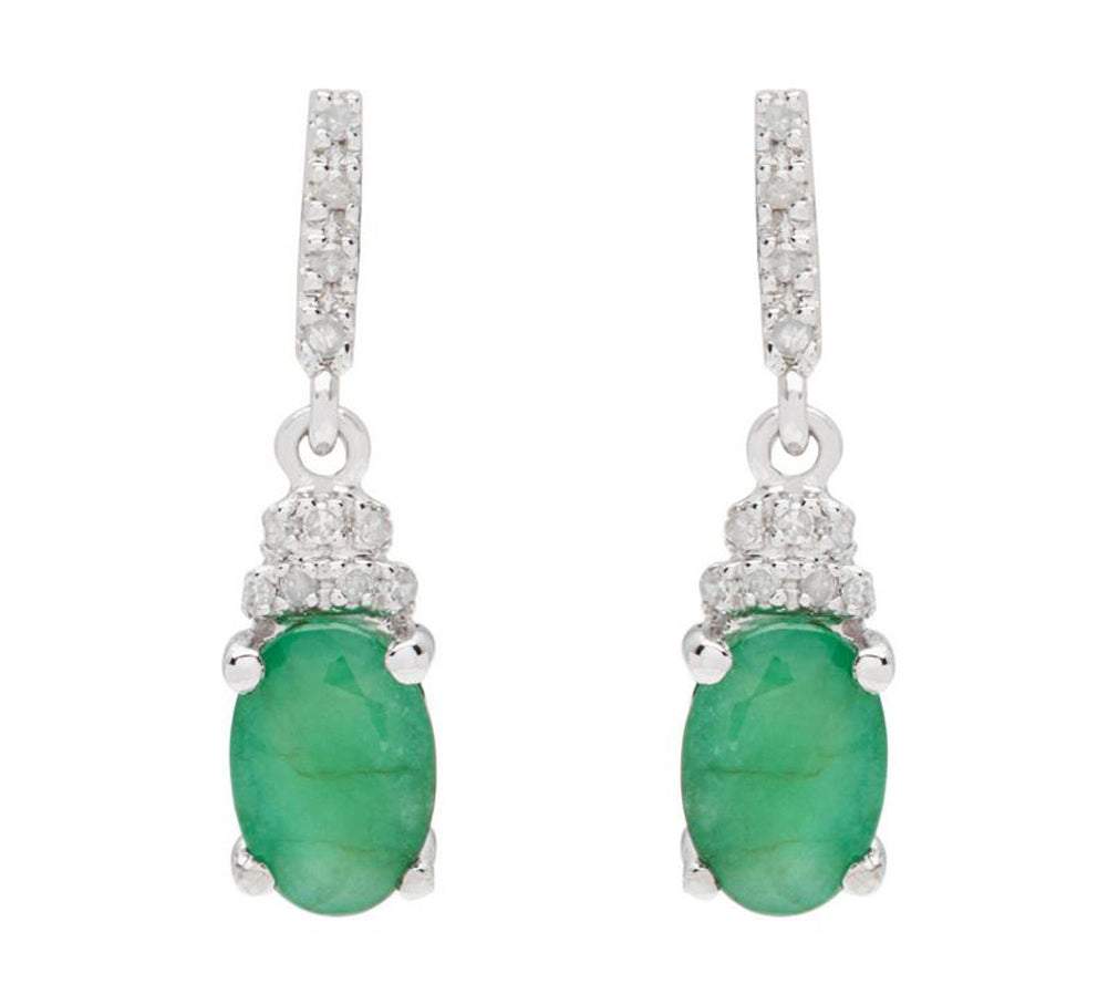 10k White Gold Oval Emerald and Diamond Drop Earrings