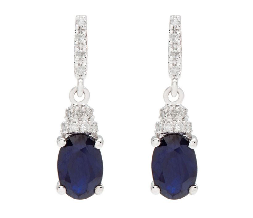 10k White Gold Oval Blue Sapphire and Diamond Drop Earrings