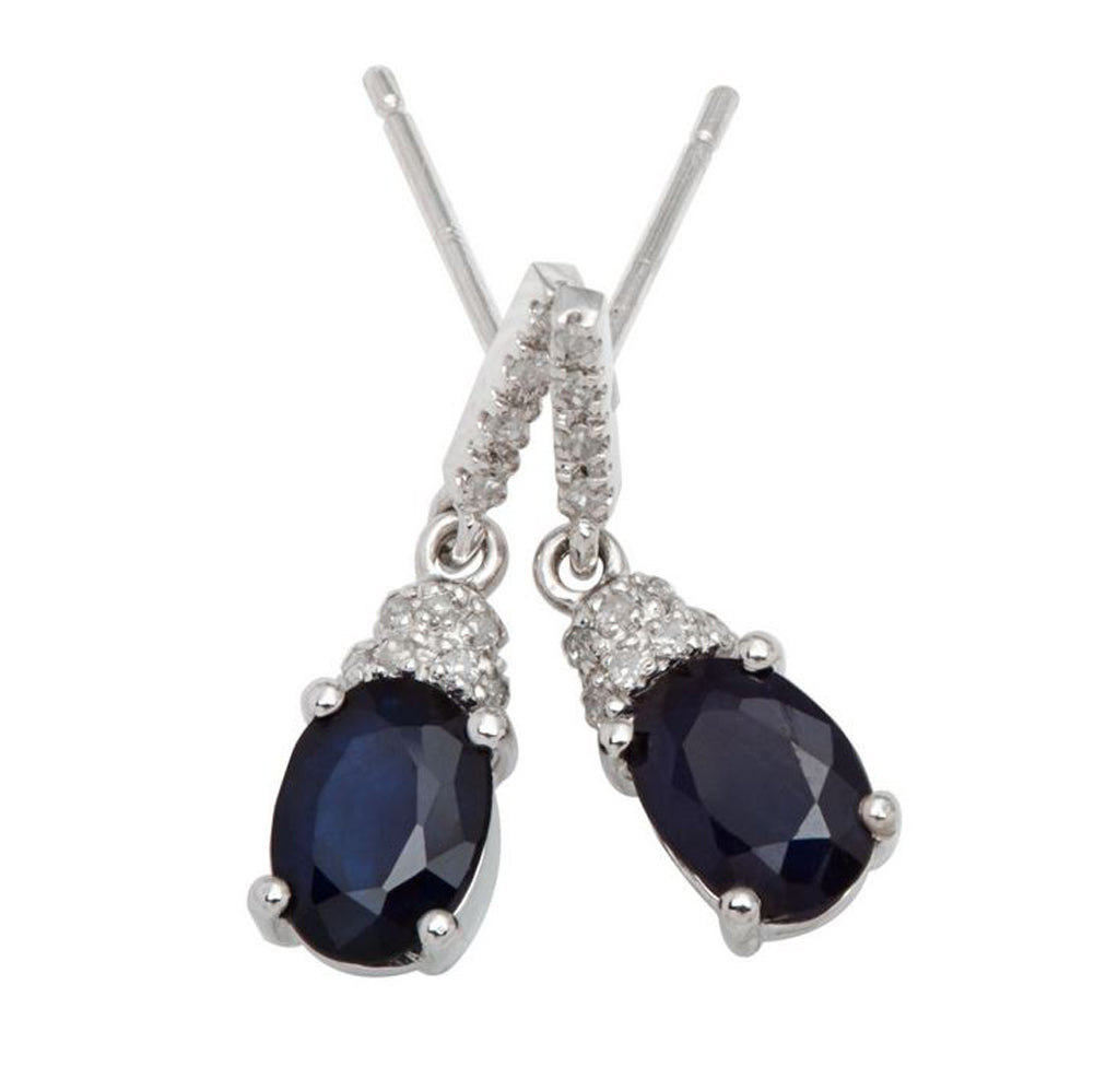 10k White Gold Oval Blue Sapphire and Diamond Drop Earrings