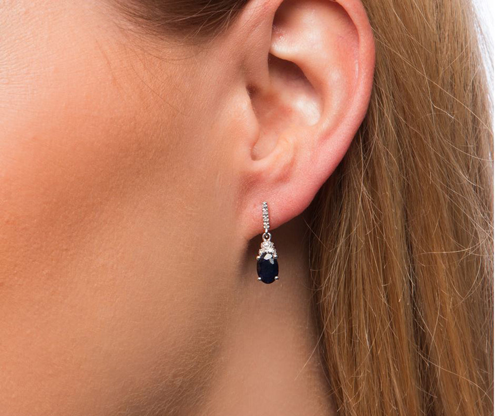 10k White Gold Oval Blue Sapphire and Diamond Drop Earrings