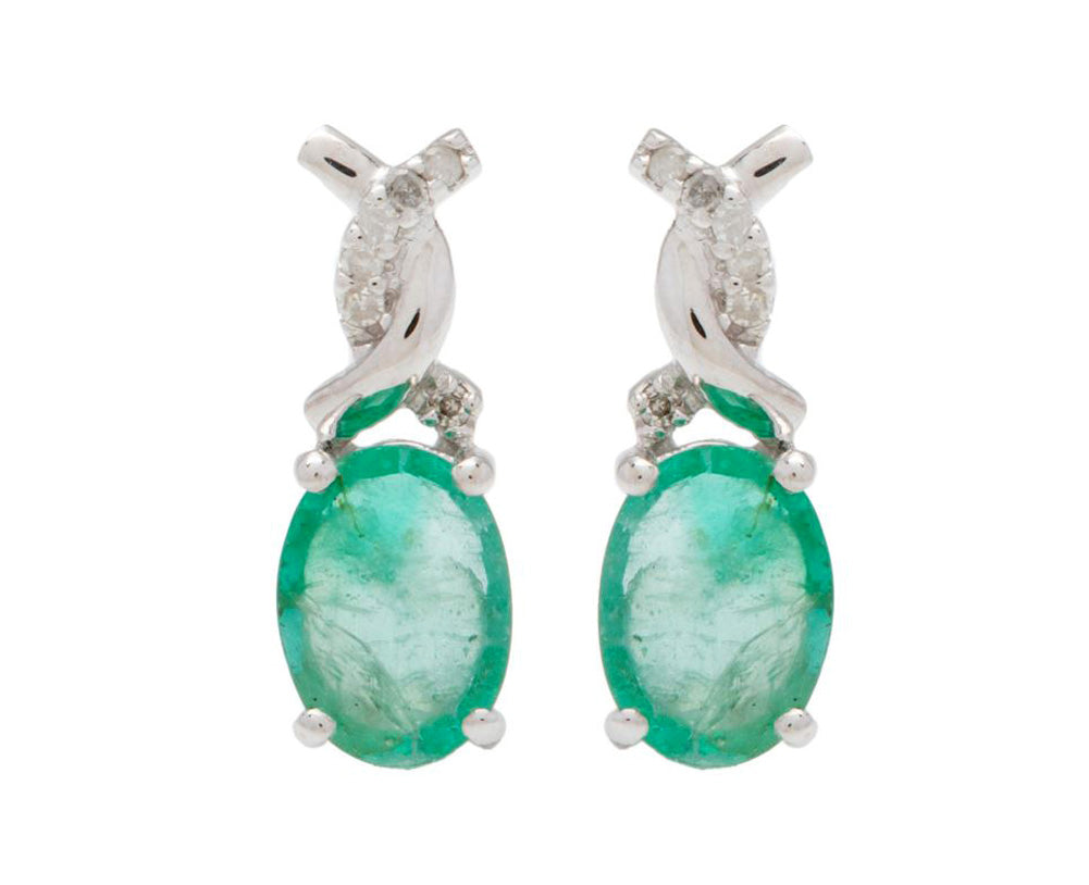 10k White Gold Oval Emerald and Diamond Earrings