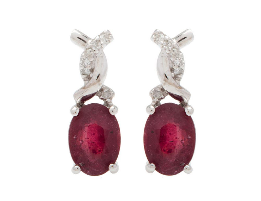 10k White Gold Oval Ruby and Diamond Earrings