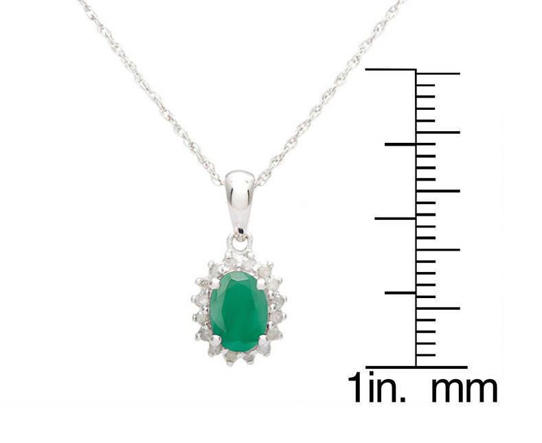 10k White Gold Oval Emerald and Diamond Halo Necklace