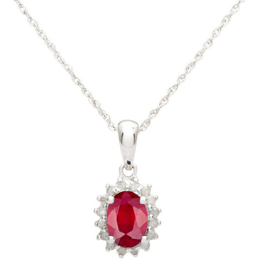 10k White Gold Oval Ruby and Diamond Halo Necklace