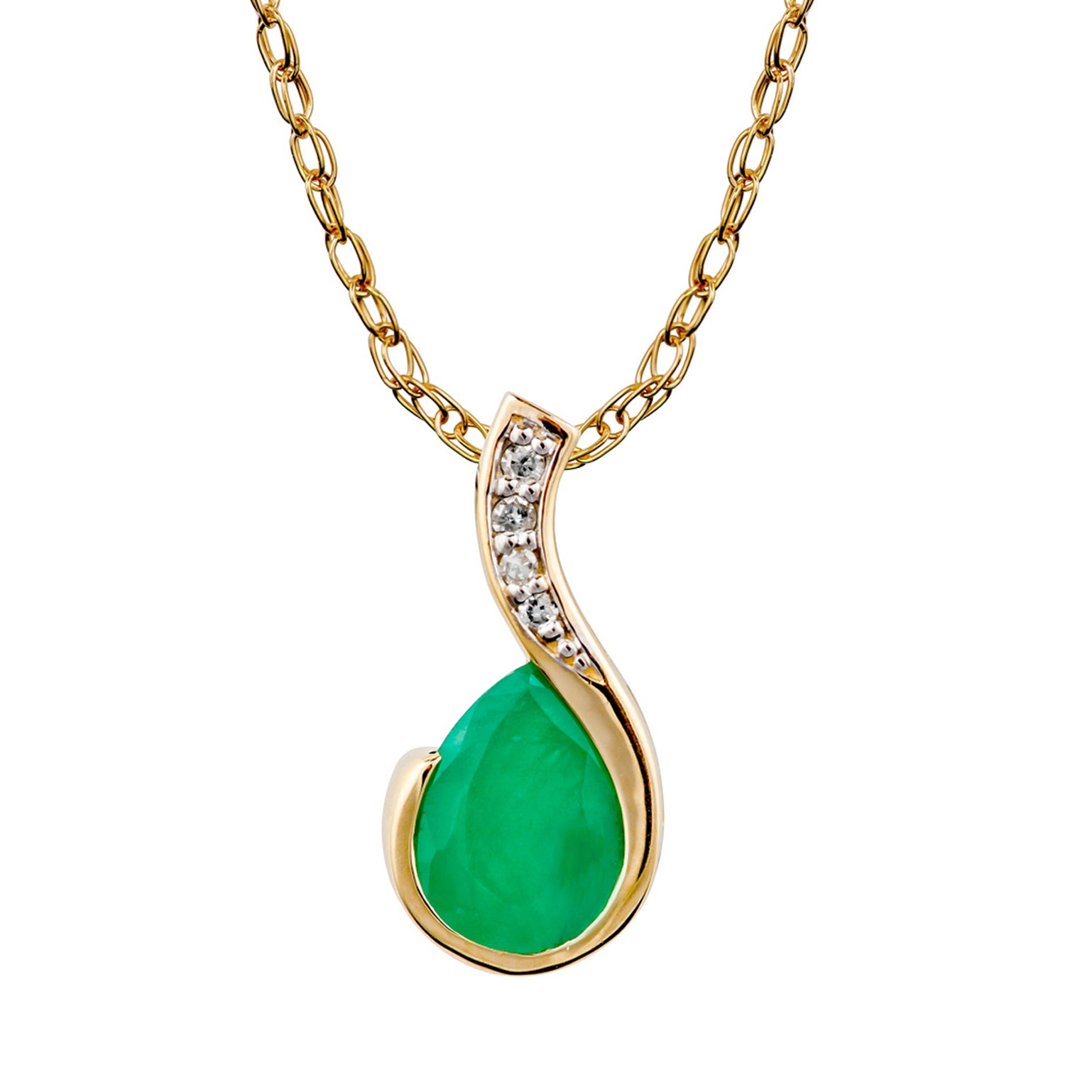 10k Yellow Gold Genuine Pear Shape Emerald and Diamond Drop Pendant Necklace