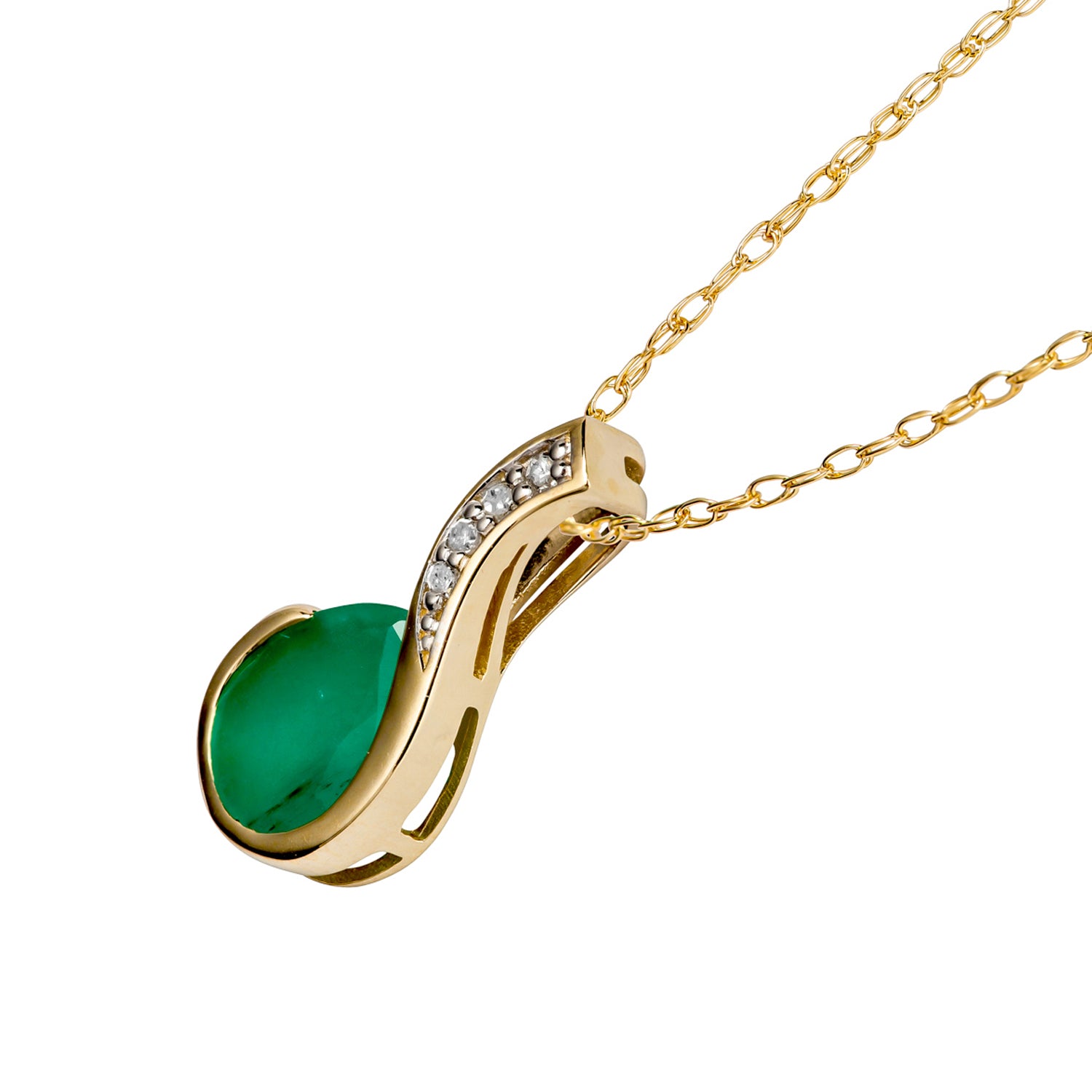 10k Yellow Gold Genuine Pear Shape Emerald and Diamond Drop Pendant Necklace