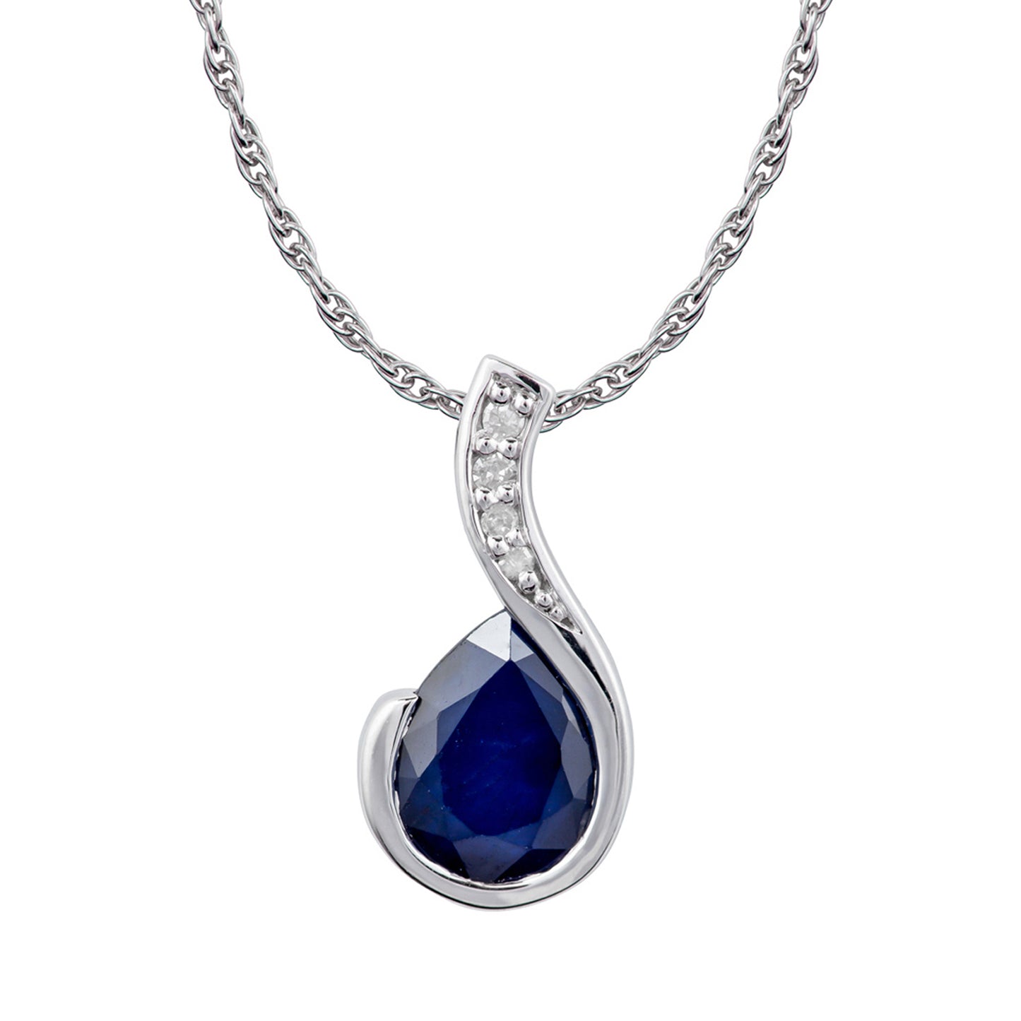 10k White Gold Genuine Pear Shape Sapphire and Diamond Drop Pendant Necklace