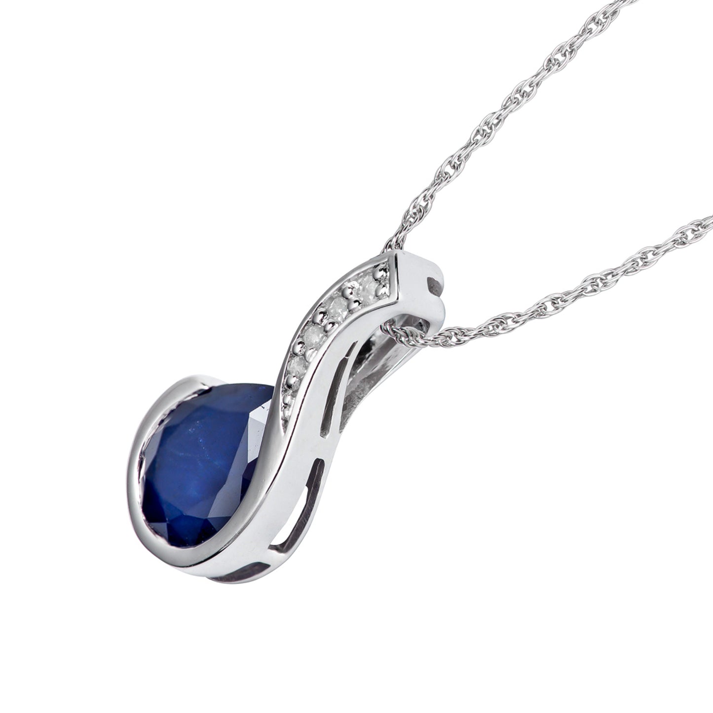 10k White Gold Genuine Pear Shape Sapphire and Diamond Drop Pendant Necklace