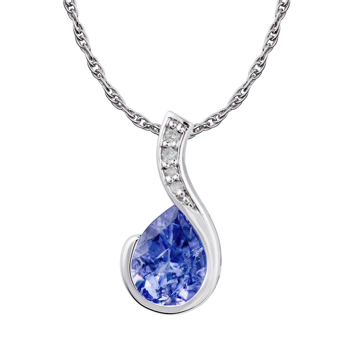 10k White Gold Genuine Pear Shape Tanzanite and Diamond Drop Pendant Necklace