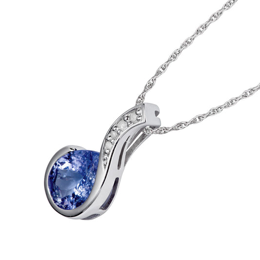 10k White Gold Genuine Pear Shape Tanzanite and Diamond Drop Pendant Necklace