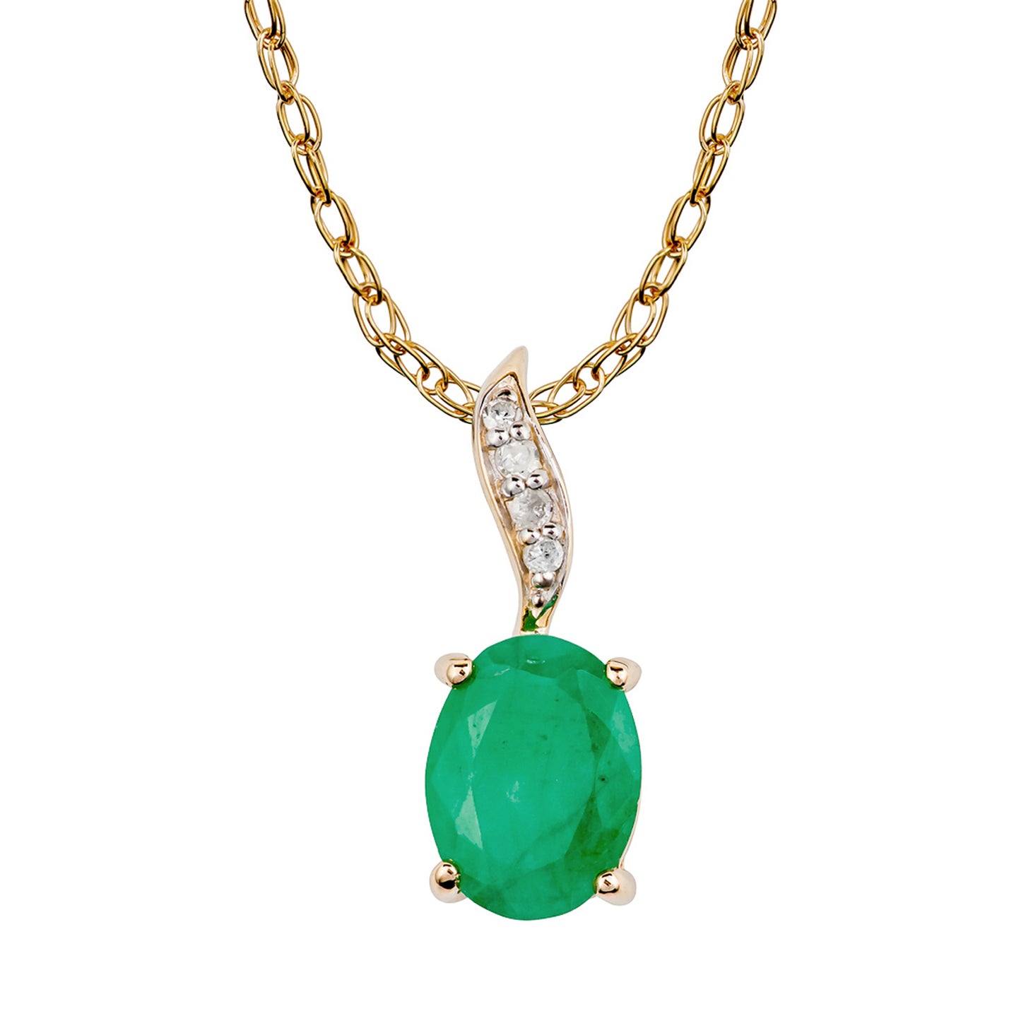 10k Yellow Gold Genuine Oval Emerald and Diamond Pendant Necklace