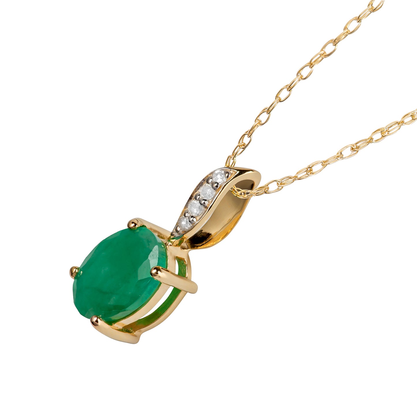 10k Yellow Gold Genuine Oval Emerald and Diamond Pendant Necklace