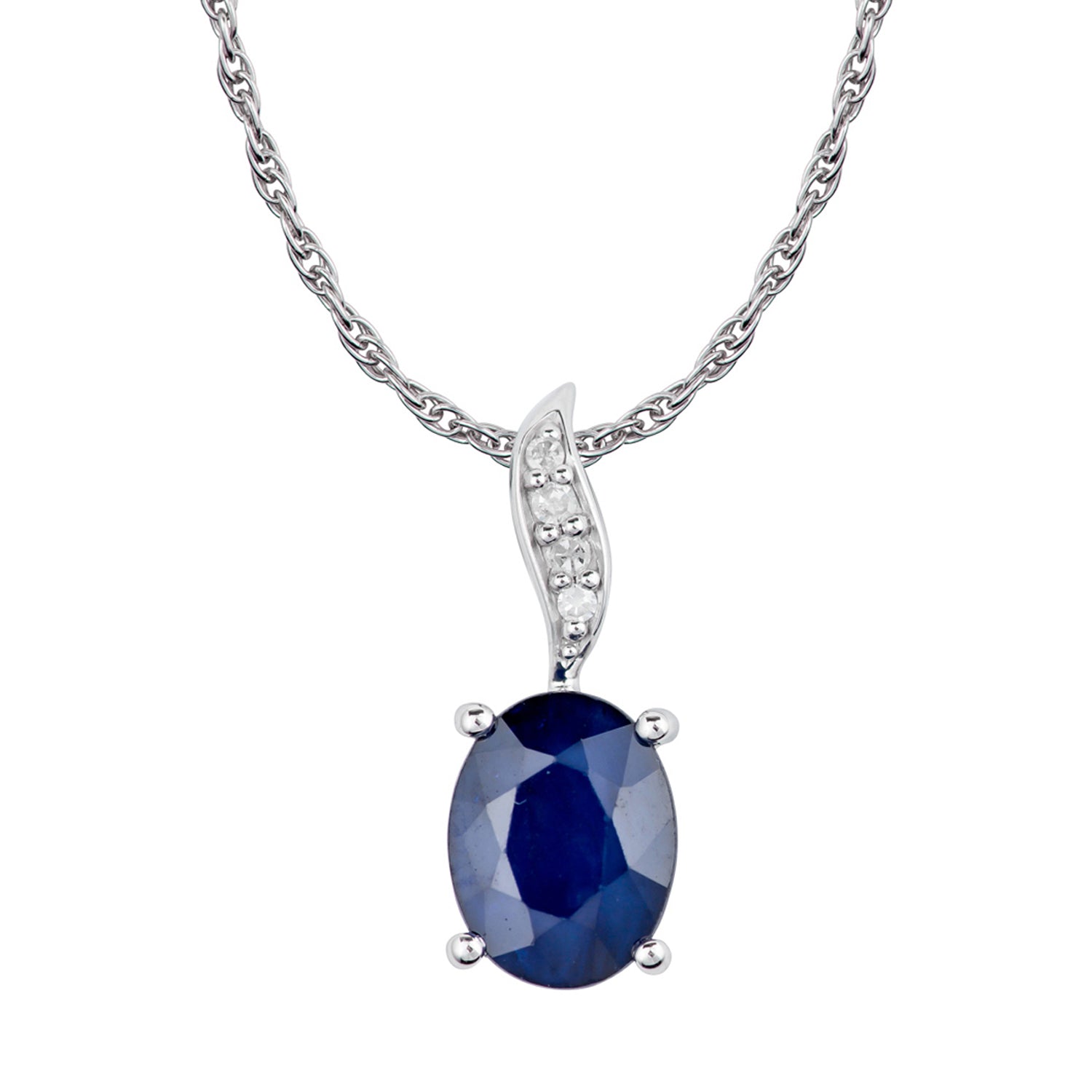 10k White Gold Genuine Oval Sapphire and Diamond Pendant Necklace