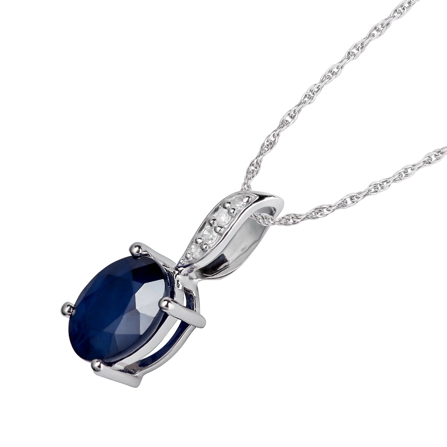 10k White Gold Genuine Oval Sapphire and Diamond Pendant Necklace